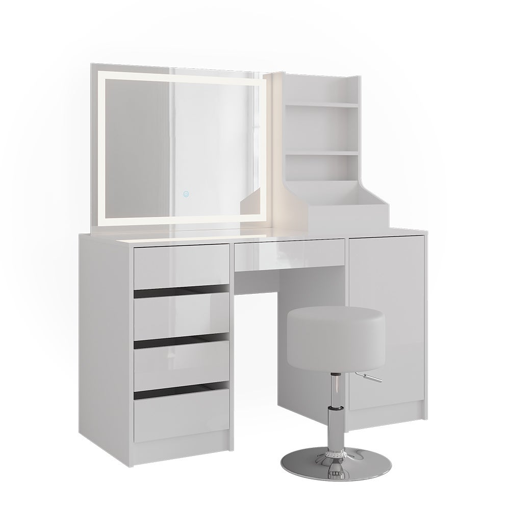 Vicco Stół do toalety Sherry, Biały/Biały wysoki połysk, 128.2 cm z lustrem LED i stołkiem
