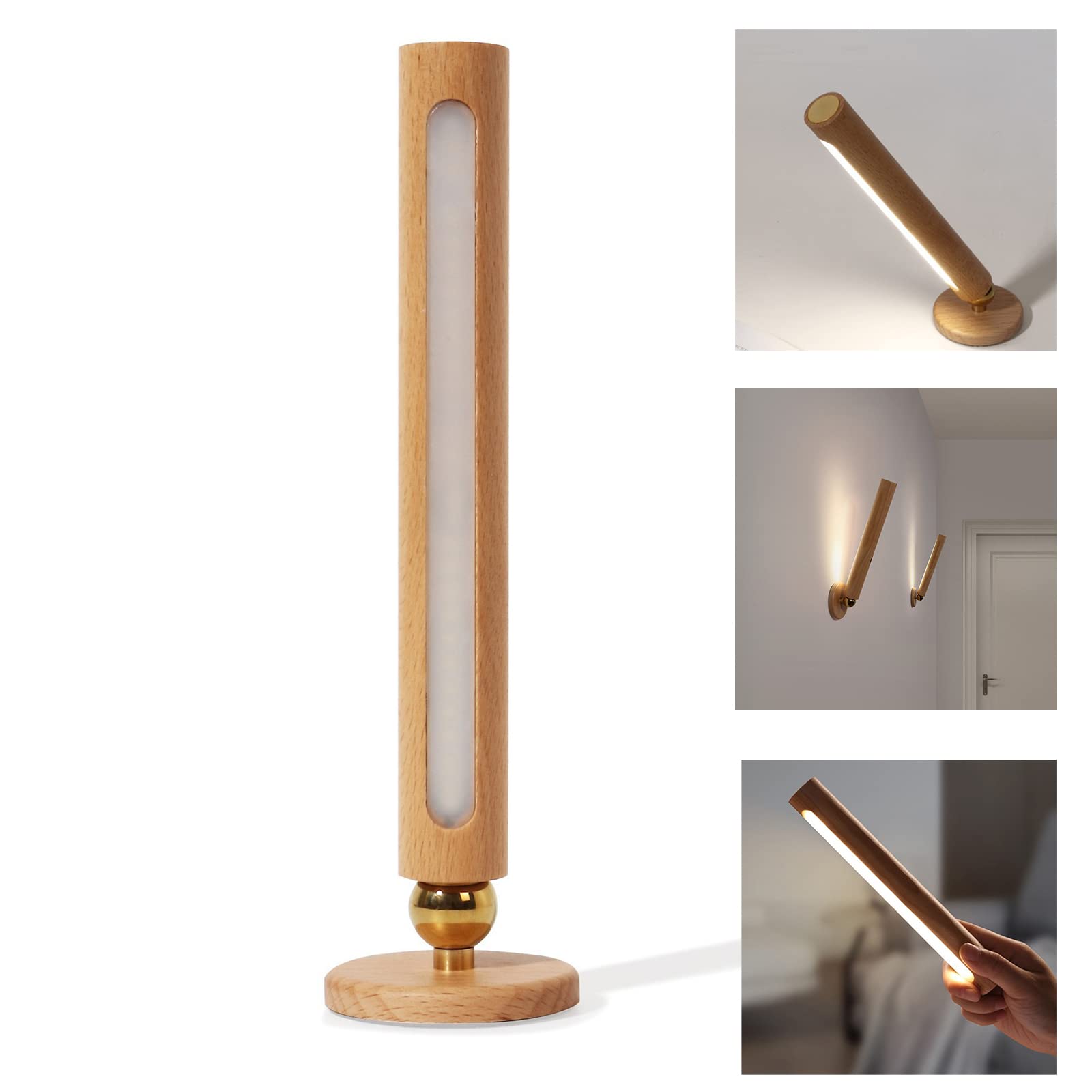 Obrotowa o 360° drewniana lampa ścienna LED, magnetyczna odłączana ładowalna lampa ścienna ze ściemnianiem, lampka nocna USB do domu