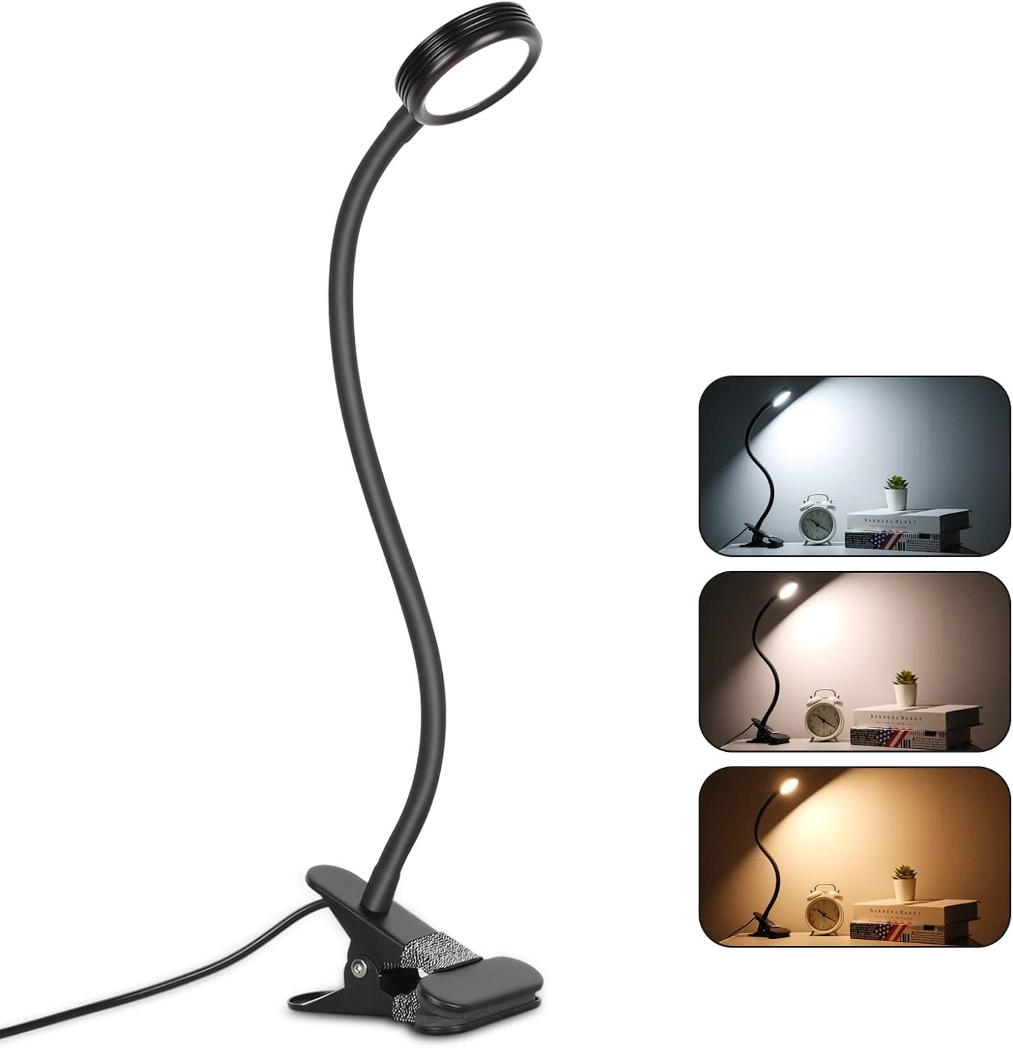 Czarna Lampka Biurkowa z Klipsem – Lampa LED Flex 360° z Regulacją Jasności do Czytania i Nauki