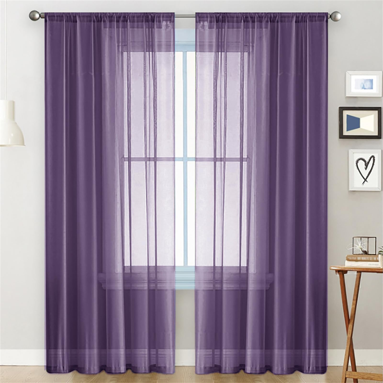 Zasłony z siatki w ciemnym fioletowym kolorze gładkie, 2 panele 132 x 213 cm, do salonu, sypialni, kuchni