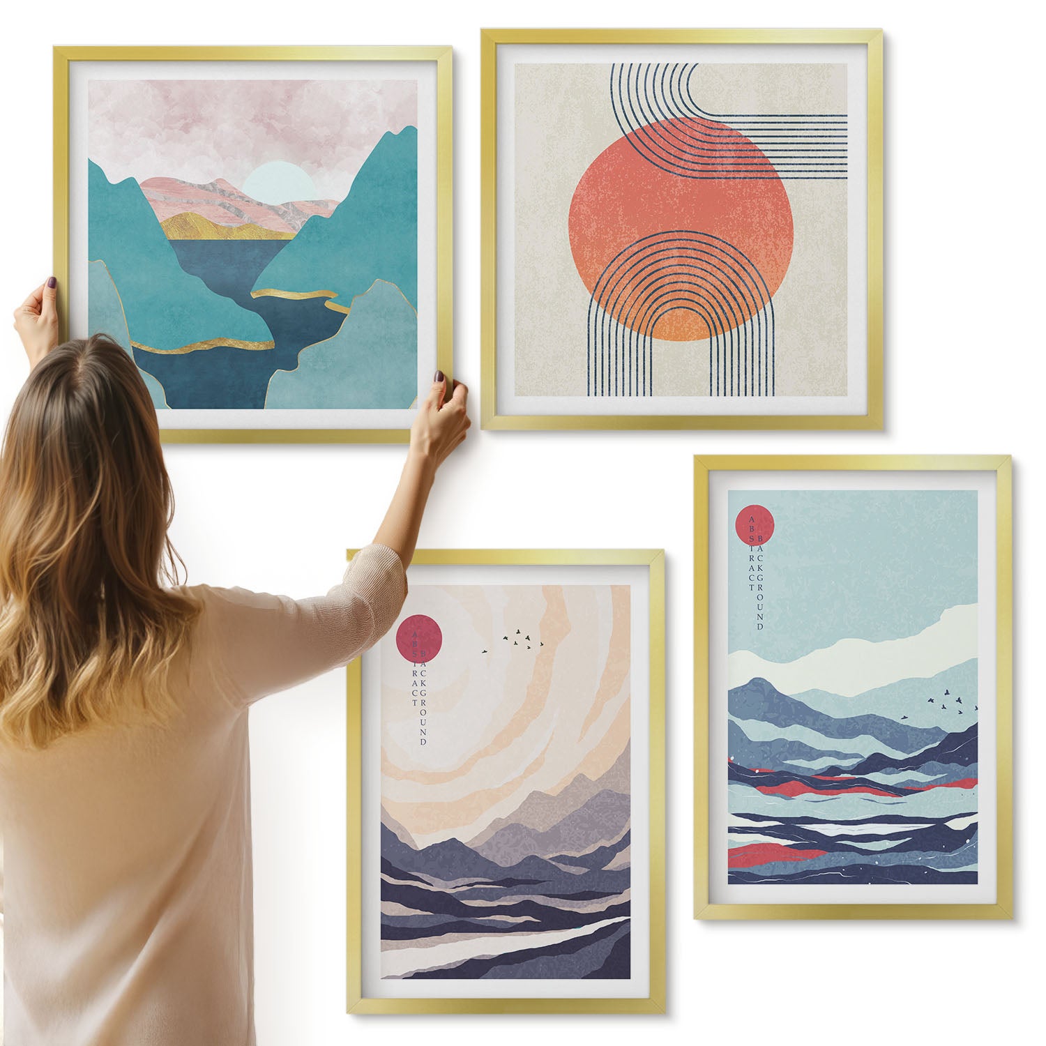 Galeria ścienna 4-częściowy komplet obrazów w złotych ramach - Japońskie abstrakcyjne krajobrazy górskie - ArtPrintCave
