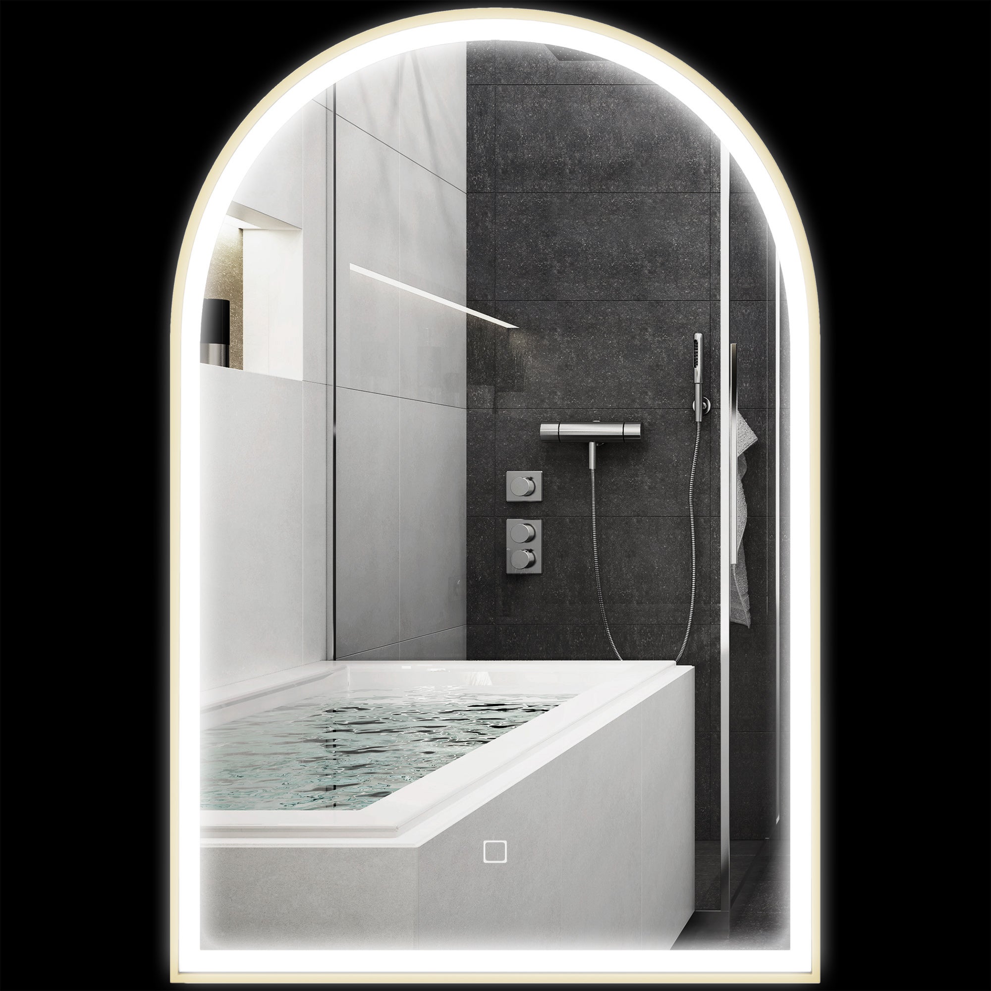 Lustro łazienkowe LED, 90 x 60 cm, montowane na ścianie, 3 kolory, łukowata aluminiowa rama, funkcja odmgławiania i włącznik dotykowy