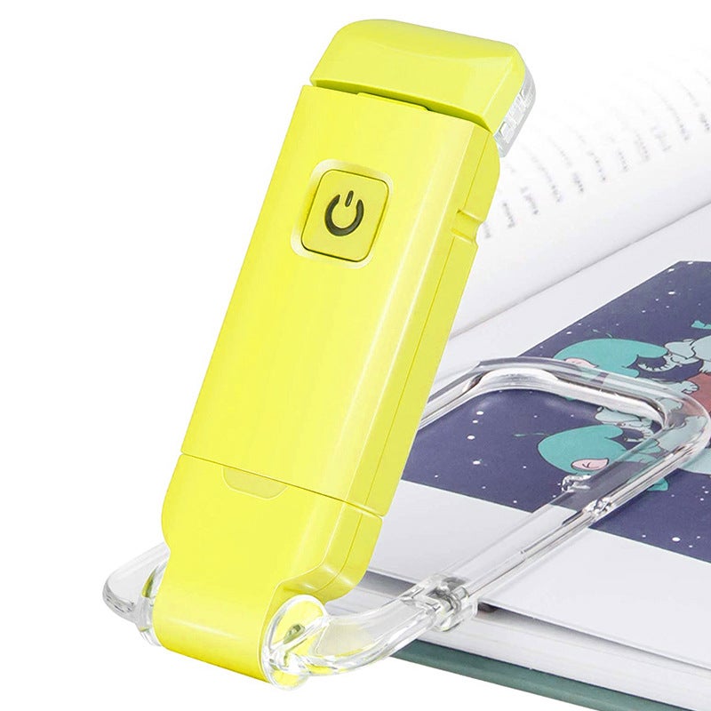 Akumulatorowa lampa LED do czytania e-booków – do czytania w łóżku – mocowana na klipsie, 3 poziomy jasności – regulowana, składana – żółta