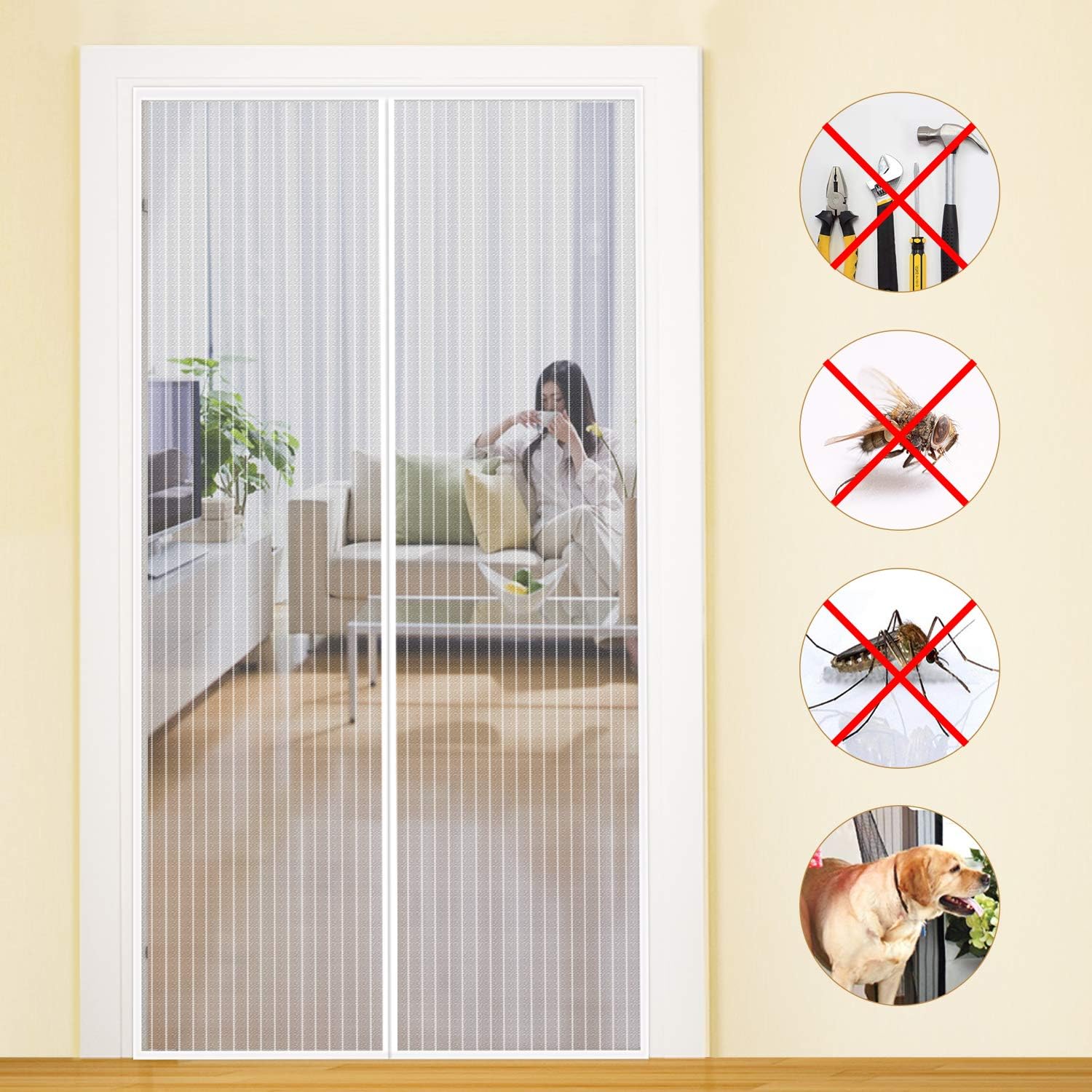 Moskitiera magnetyczna na drzwi 120 x 210 cm, przeciw muchom, biała, z paskiem klejącym w zestawie