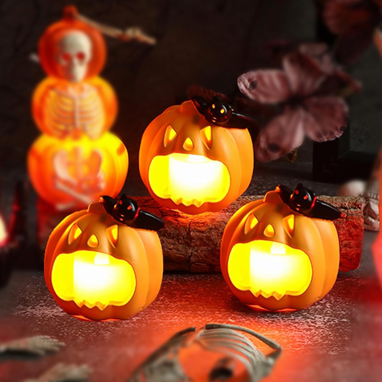 Zestaw 3 lampionów w kształcie dyni, bezpłomieniowe świece w kształcie dyni na Halloween, jesienne dekoracje LED, ozdoby na Halloween