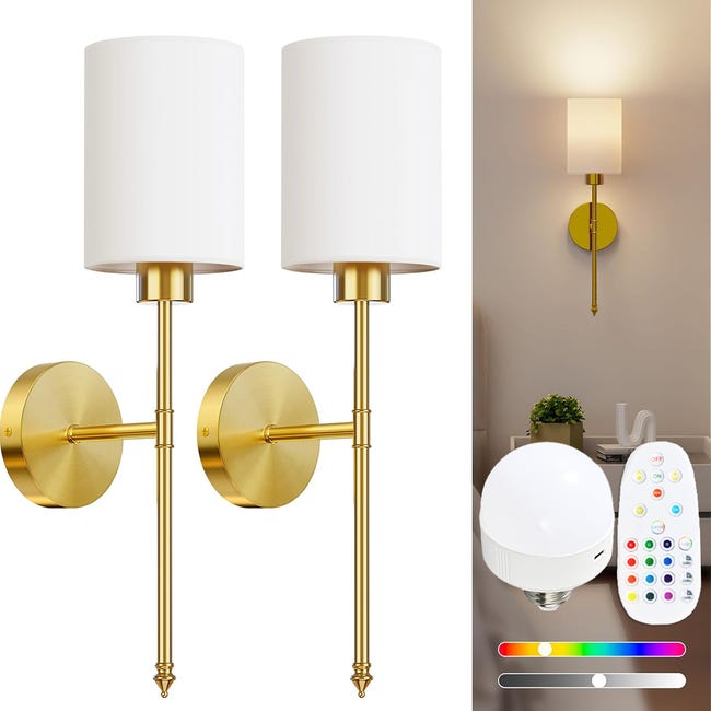 Zestaw 2 akumulatorowych lamp ściennych - z pilotem - ściemnialne - tryby oświetlenia RGB - złoty