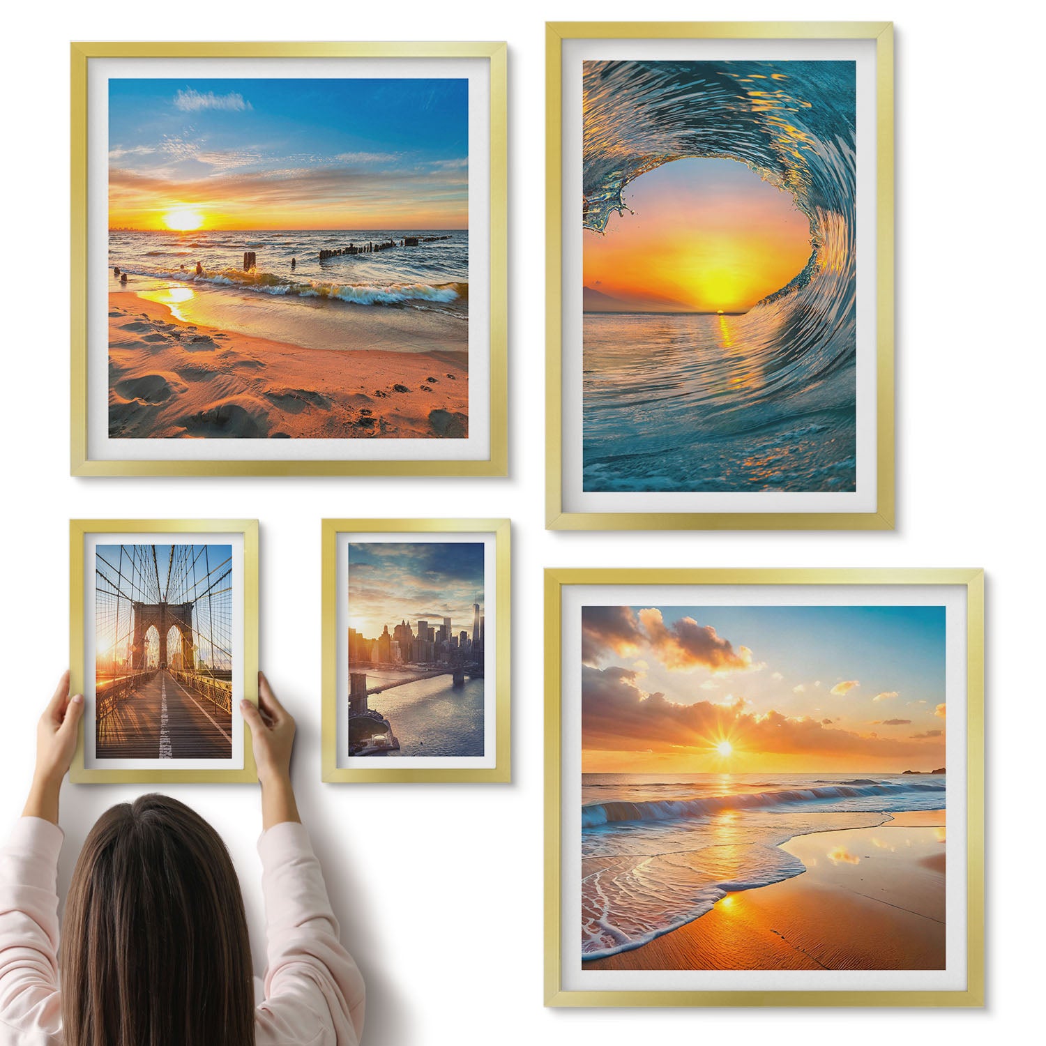 Galeria ścienna 5-częściowy komplet obrazów w złotych ramach - Widoki na morze zachody słońca i mosty miejskie - ArtPrintCave
