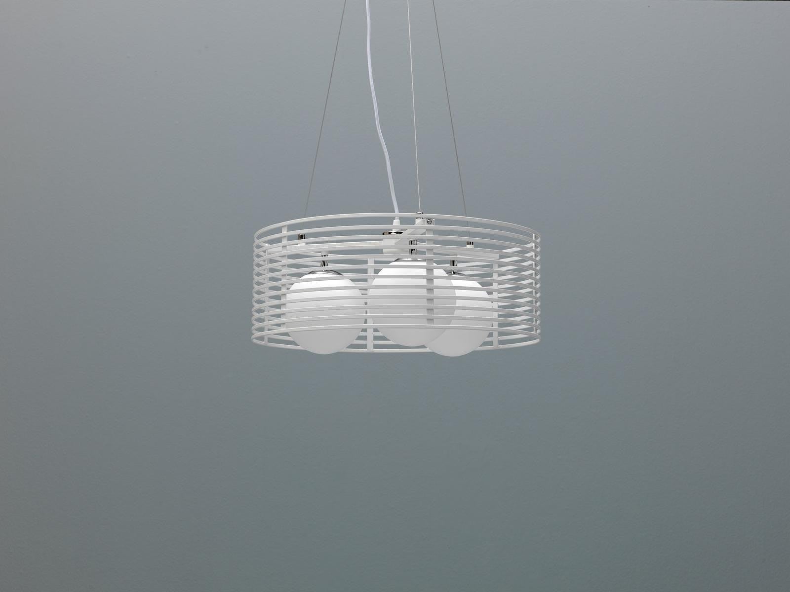 Lampa wisząca Cage Ø50 cm z białego metalu, 3 oprawki E27, maks. 40 W, minimalistyczny design