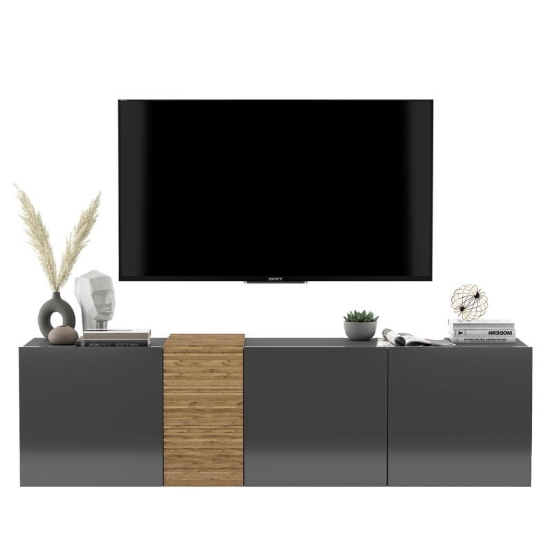 Szafka RTV, wisząca, TERRA, 160x38x45 cm, dąb artisan, grafit, połysk | TYLETEGOTU