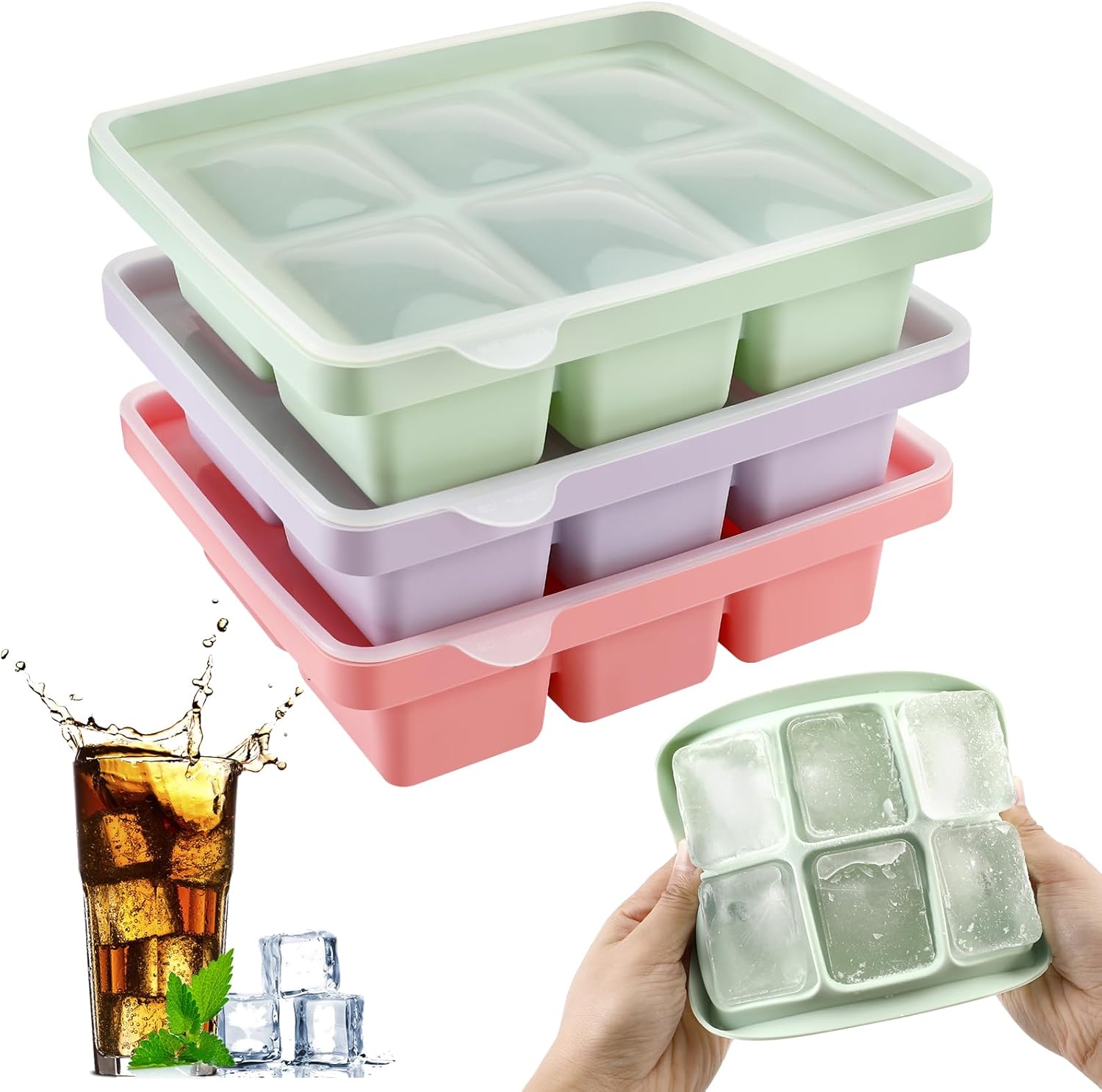 3 szt. foremek na kostki lodu, silikonowe foremki na kostki lodu z pokrywką,Stackable i można myć w zmywarce, do koktajli, piwa, wina i przekąsek