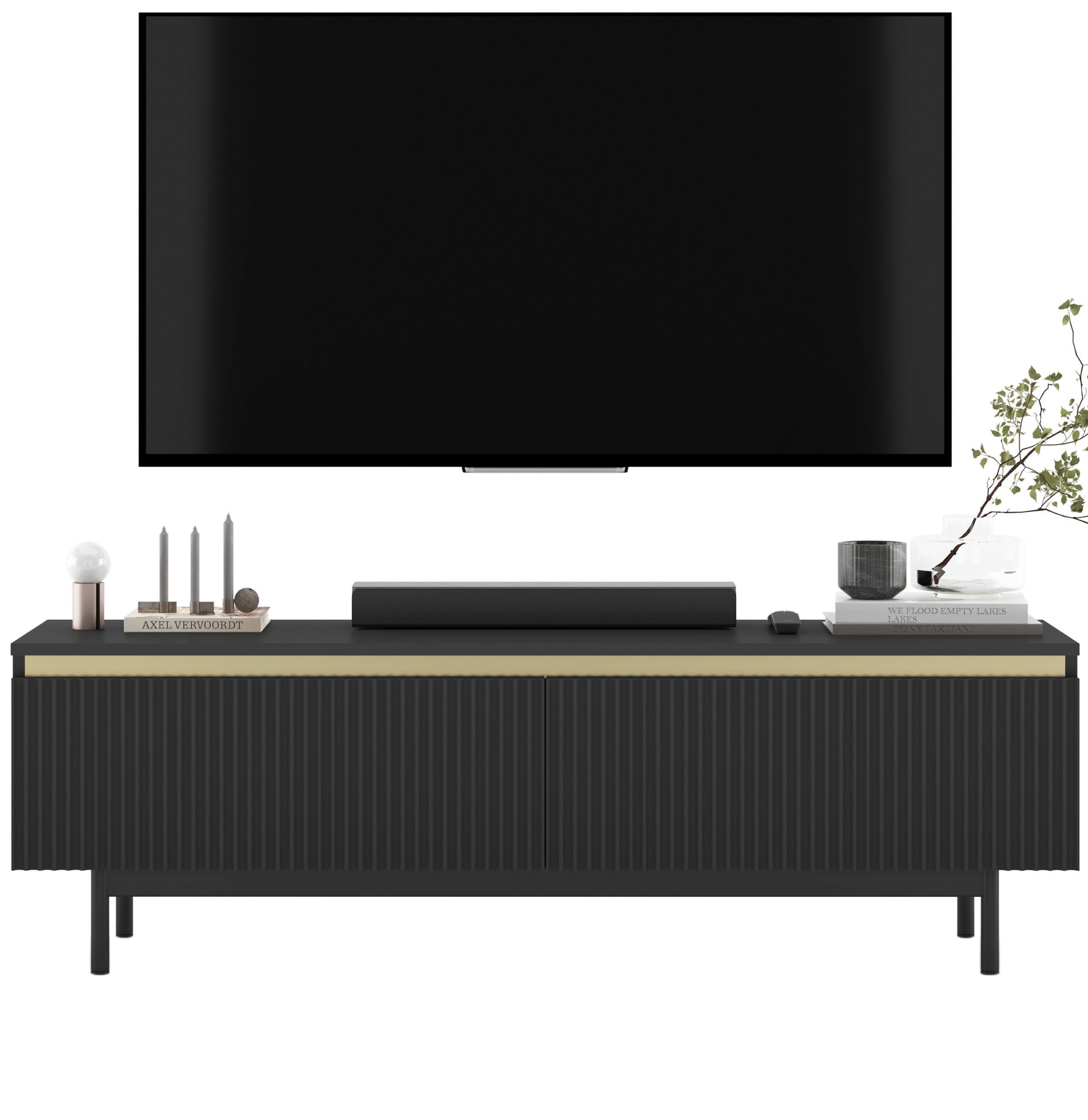 Szafka RTV Glamour 140 cm czarny mat, ryflowane fronty, czarna rama, komoda RTV do nowoczesnego salonu