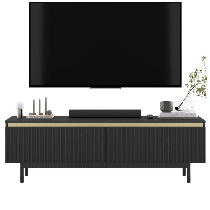 Szafka RTV Glamour 140 cm czarny mat, ryflowane fronty, czarna rama, komoda RTV do nowoczesnego salonu