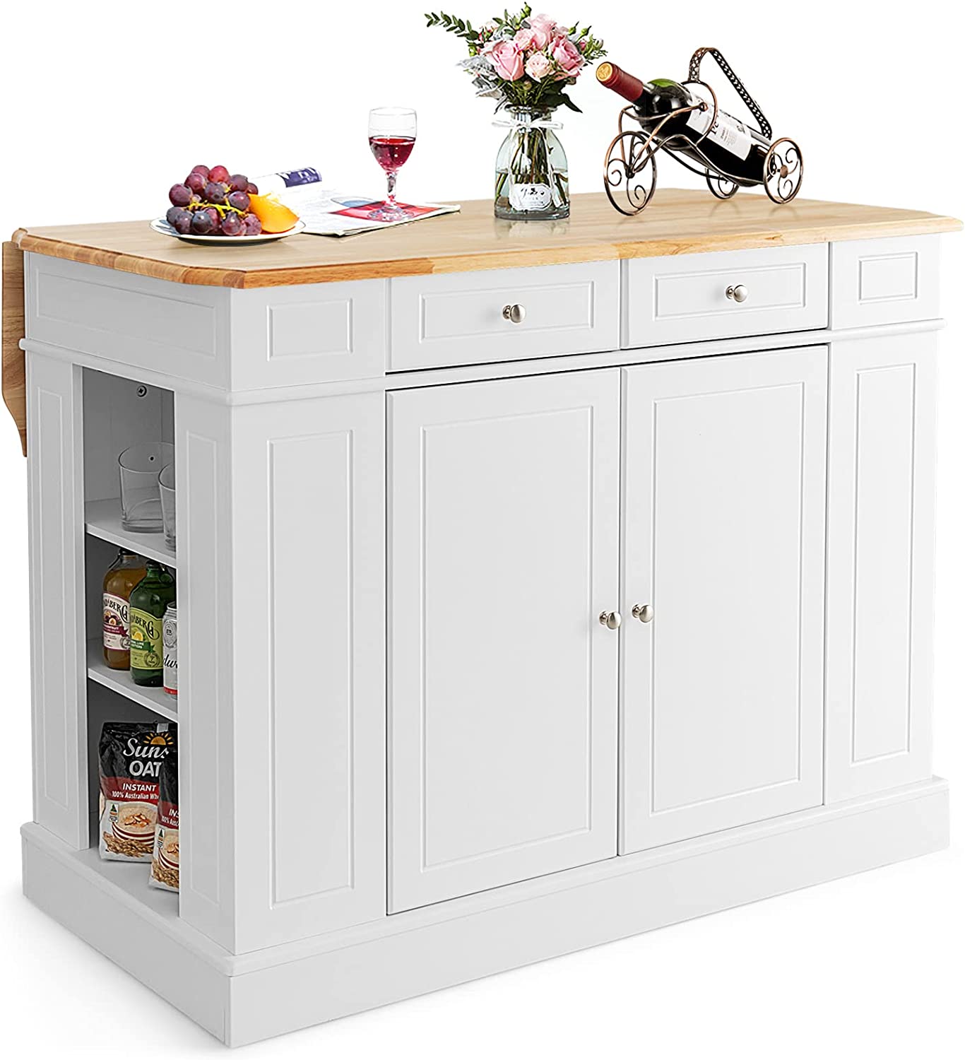 Wyspa kuchenna z rozszerzalnym blatem roboczym, szafka kuchenna z szufladami, półkami bocznymi i 2 poziomami przechowywania, 120 x 91 x 92 cm (biała)