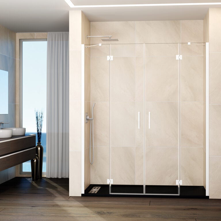 Kabina frontowa GLASS 2 panele stałe + 2 drzwi uchylne 252.5 cm (249,5-255,5; 50+80+80+50) biały szkło przezroczyste