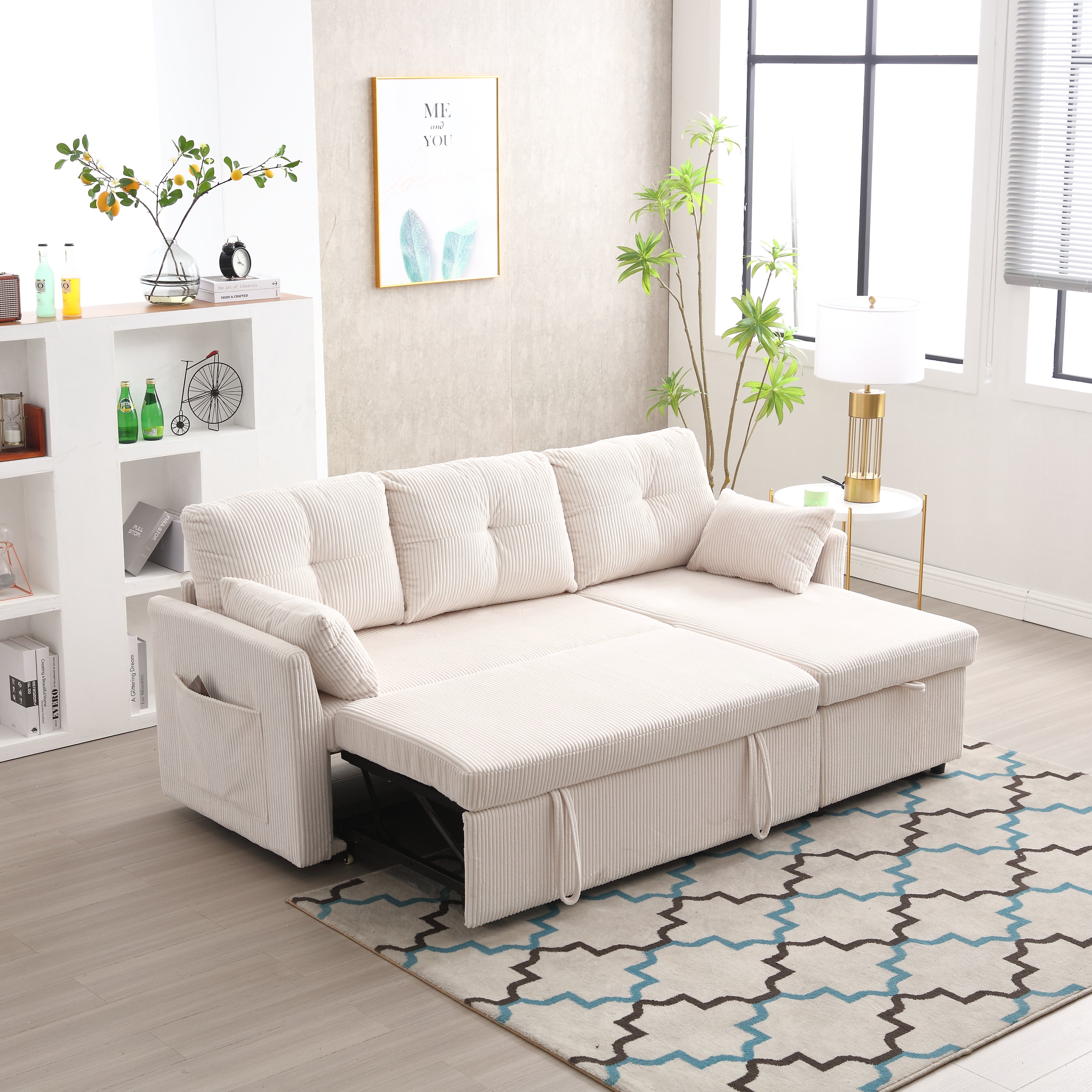 Rozkładana sofa z pojemnikiem, modułowy narożnik ze sztruksu, łóżko do salonu