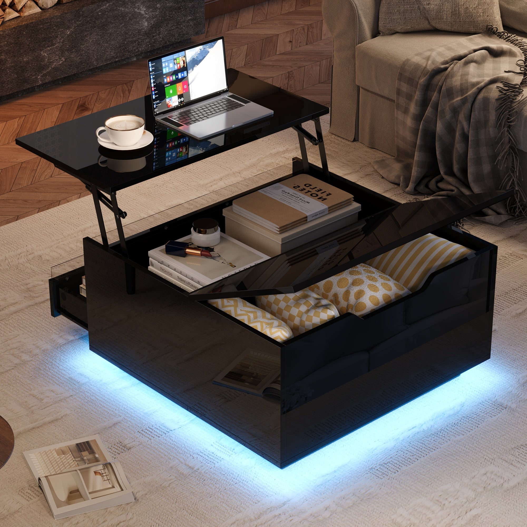 Regulowany stolik kawowy 70×70×38 cm - z taśmą LED - z 1 szufladą i drzwi - czarny