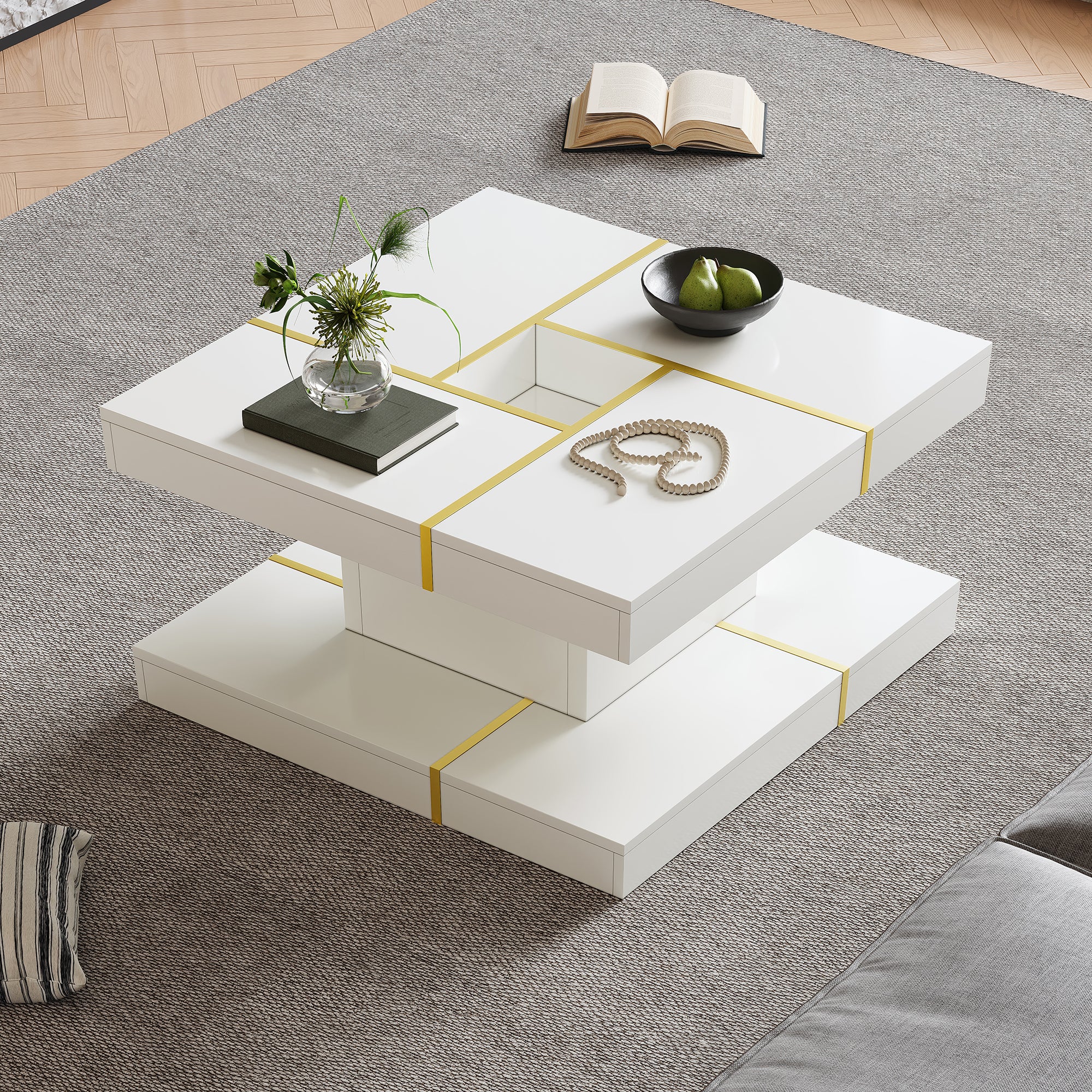 Stolik kawowy z podwójnym blatem 80x80x38 cm - Kwadratowy design - Złota metalowa krawędź - Ażurowe wnętrze - Biały