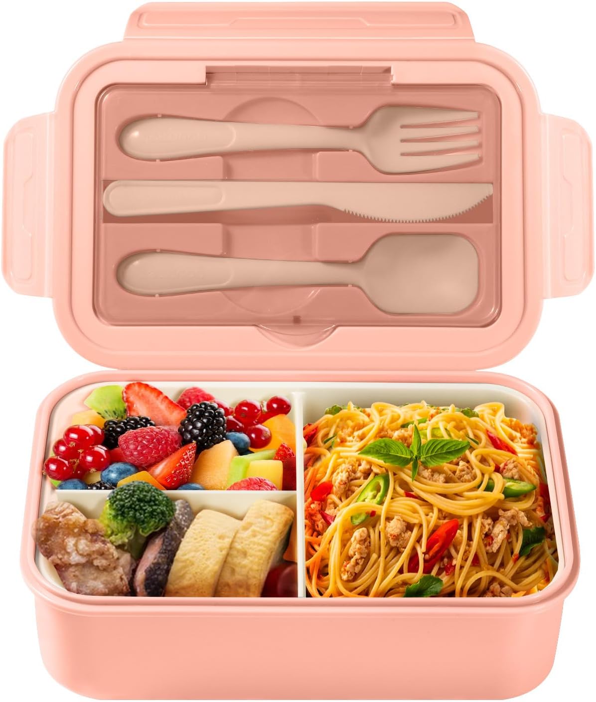Lunchbox boîte à lunch compartimentée, couverts pour enfants et adultes, 1400 ml, boîte bento, travail, passe au micro-ondes (rose)