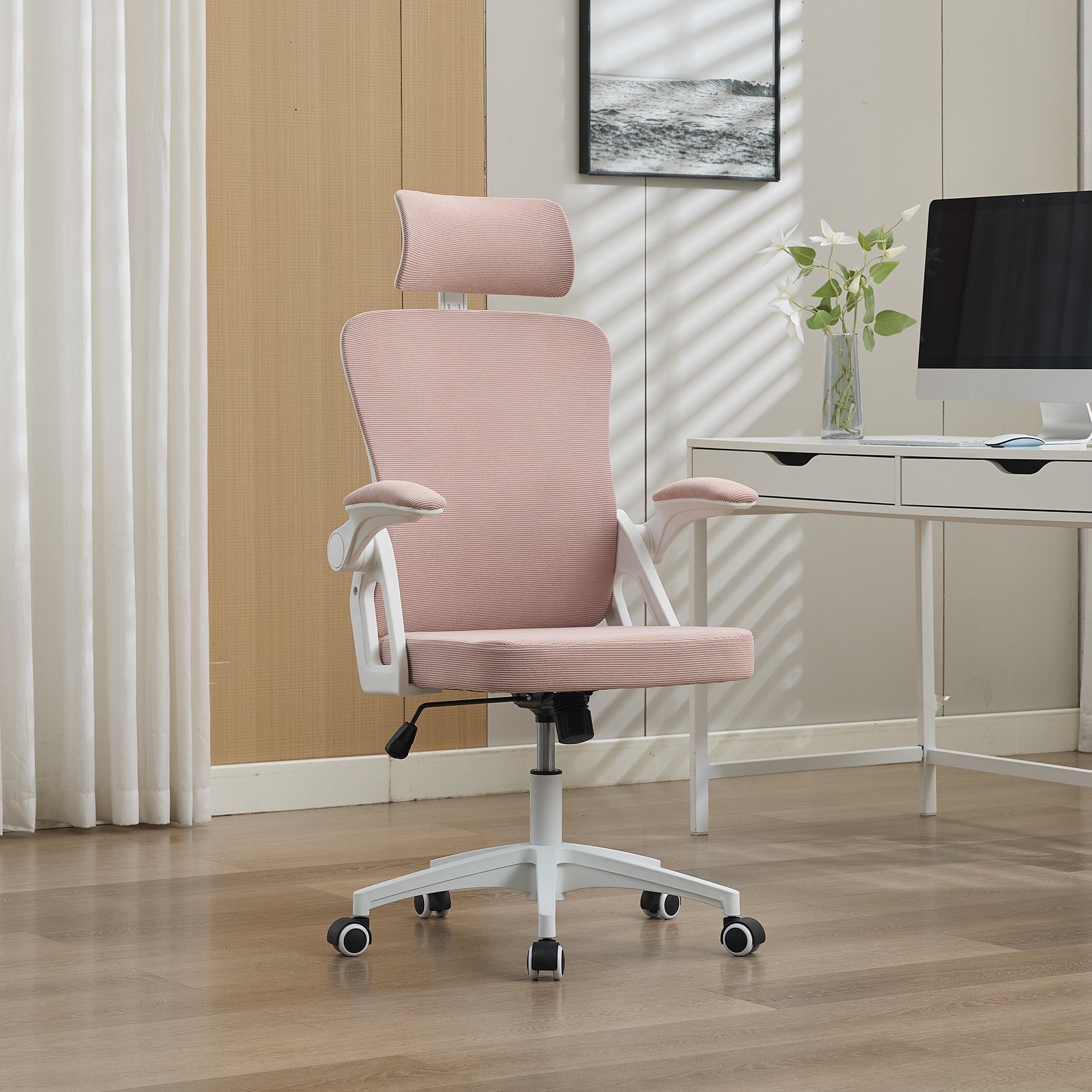 Ergonomiczne krzesło biurowe obrotowe 58 x 65 x 108 cm, z obrotem 360°, w kolorze różowym, do biura domowego