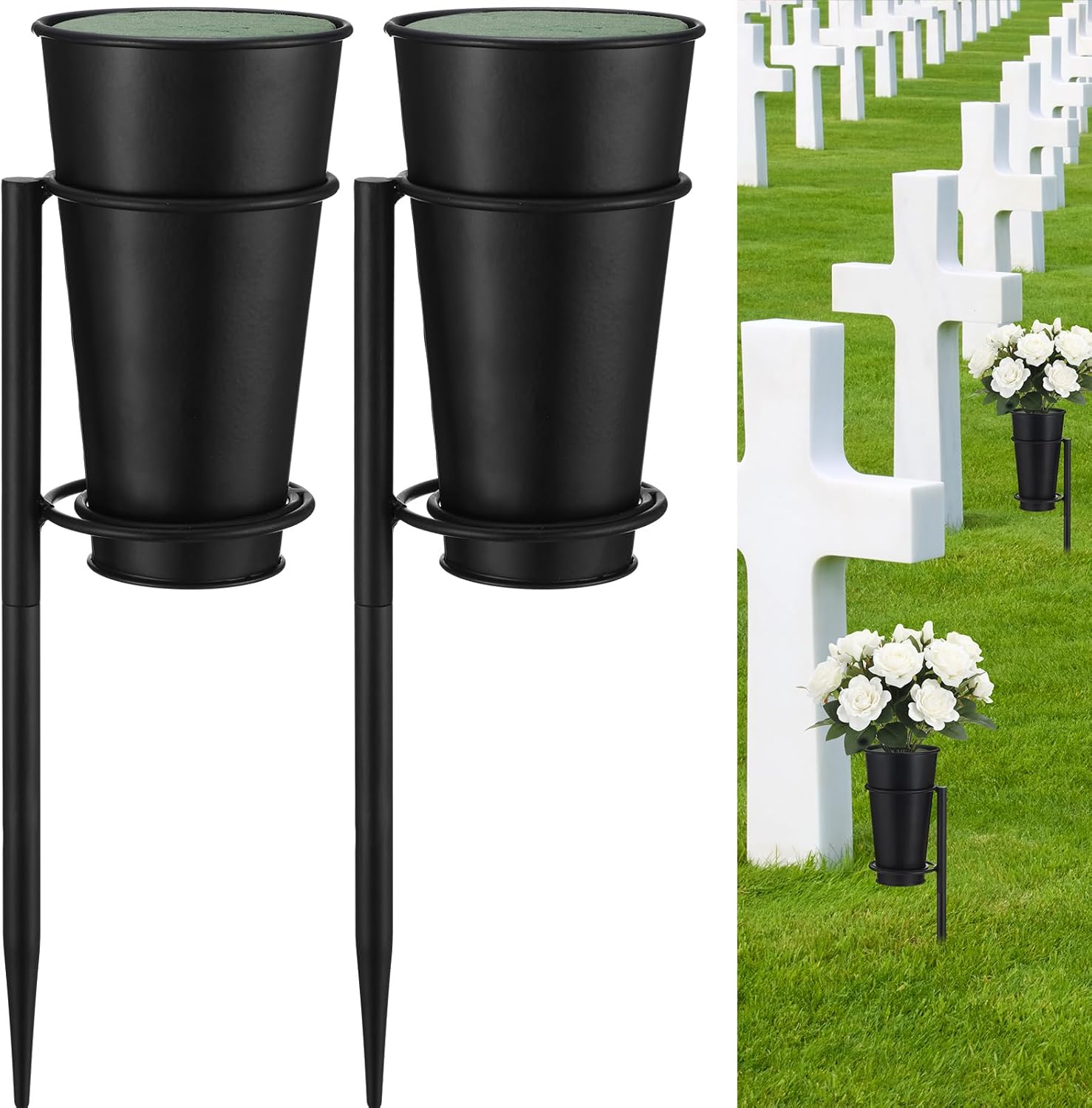 Metalowy stojak na kwiaty w kształcie wazonu cmentarnego z uziemieniem do dekoracji nagrobka (2 sztuki, czarny)