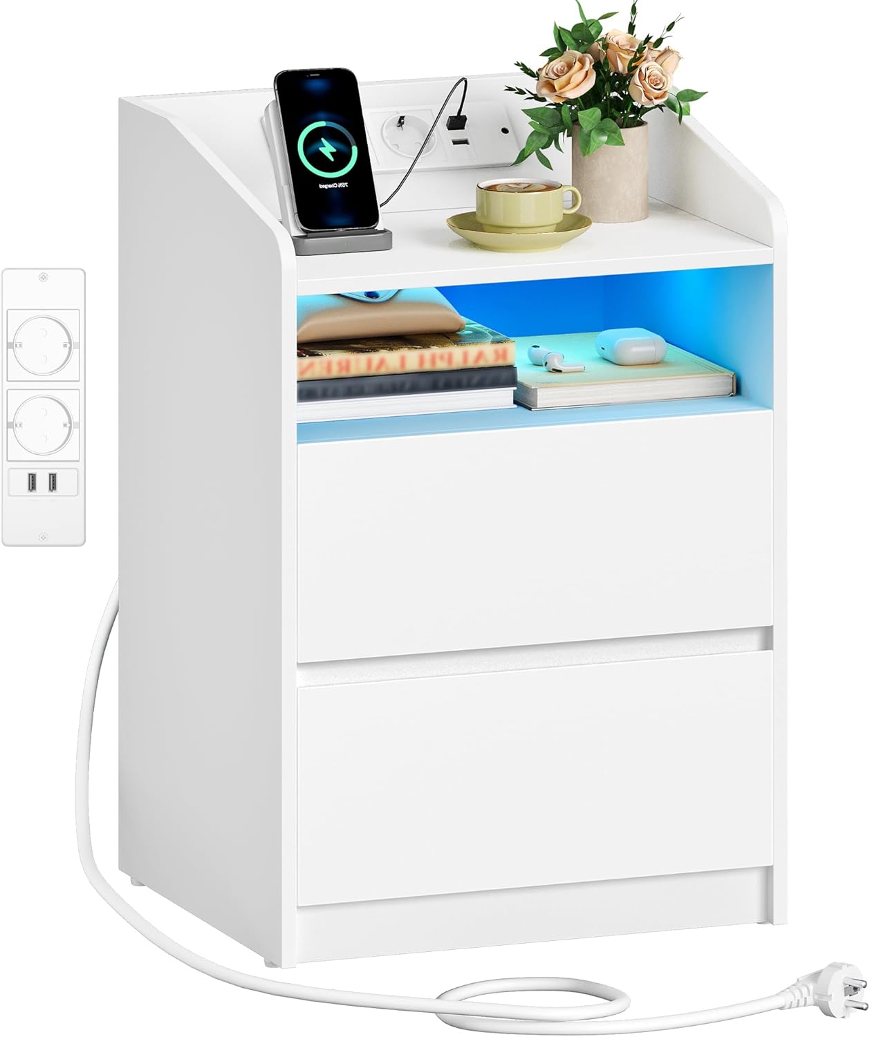 Stolik nocny z oświetleniem LED, szafka nocna z listwą zasilającą, 2 szuflady, 2 porty USB, otwarta przegroda, 35 x 40 x 58 cm, kolor biały