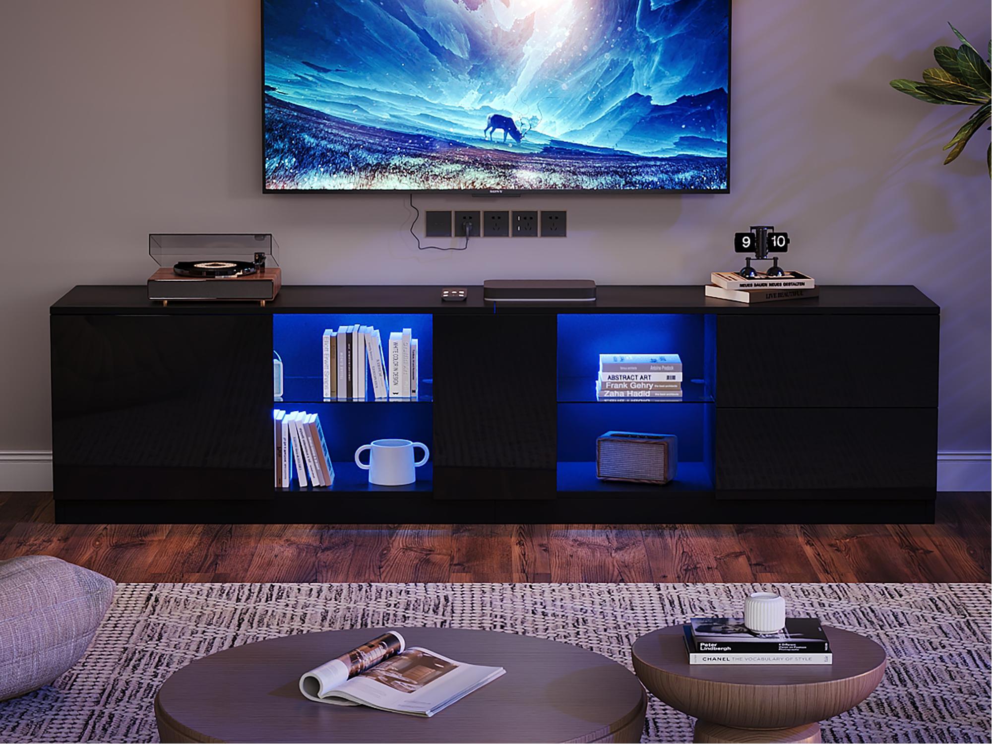 Stolik pod TV 160x40x52 cm - z oświetleniem LED - 2 szuflady i 1 drzwi - wykończenie błyszczące - płyta MDF - kolor czarny