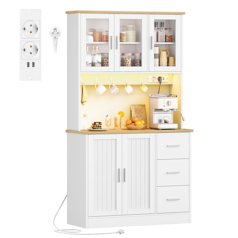 Szafka Kuchenna, Bufet, z 6-Poziomową Półką za Drzwiami, 5 Drzwi i 3 Szuflady, Oświetlenie LED i Gniazdo Zasilania,40 x 100 x 180 cm