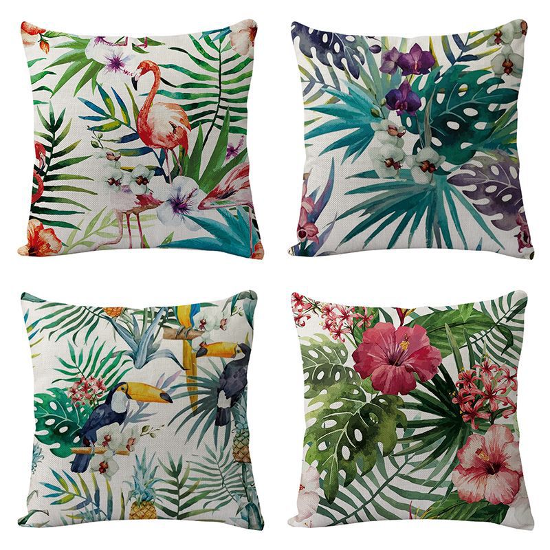 Zestaw 4 dekoracyjnych poszewek na poduszki z motywem roślin, tropikalnych ptaków, idealne do dekoracji sofy, sypialni, salonu, patio, 45*45 cm