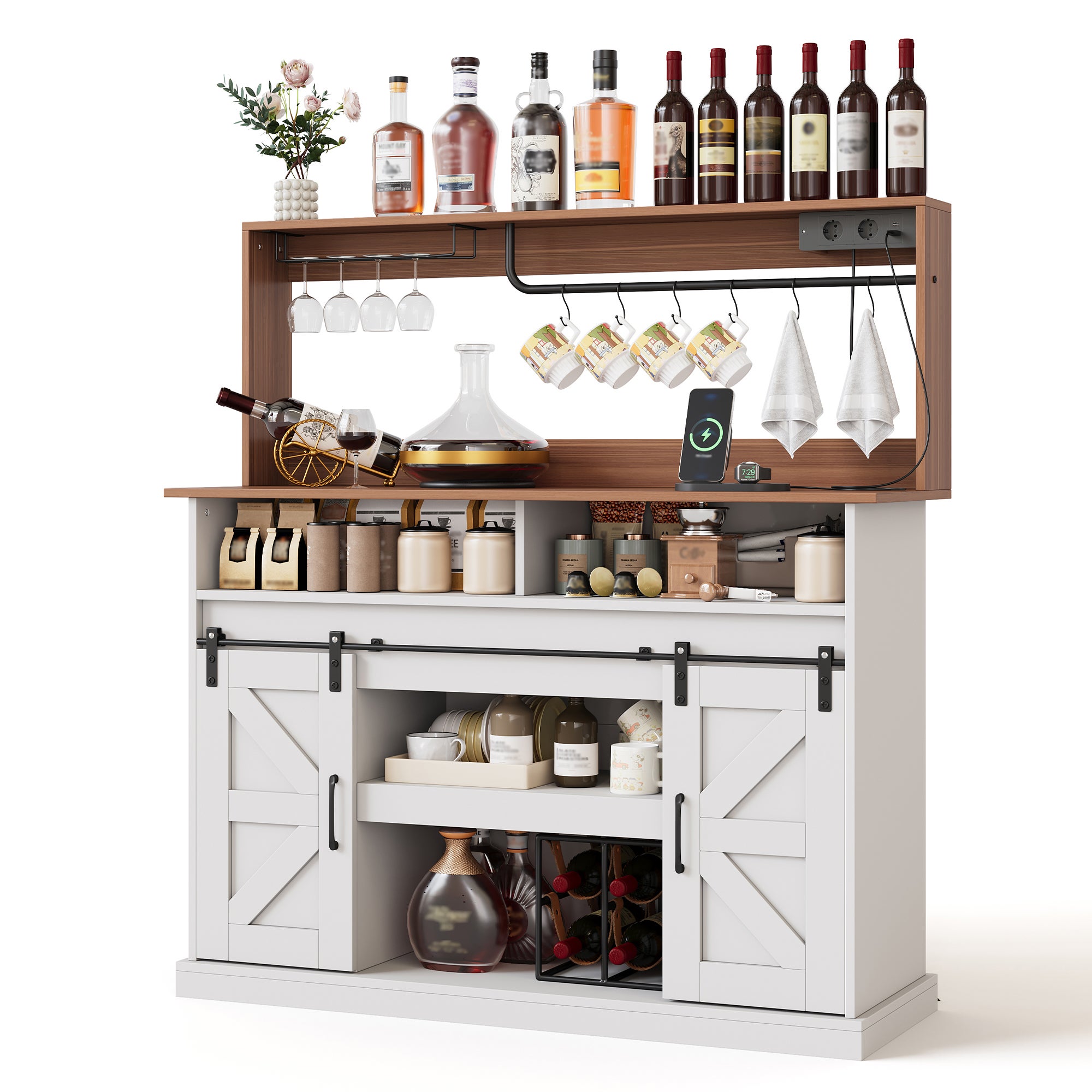 Kredens kuchenny z 2 drzwiami, szklaną półką i gniazdkami (2 x sieciowe, 2 x USB) - 120 x 40 x 130 cm - MDF - Biały + naturalny