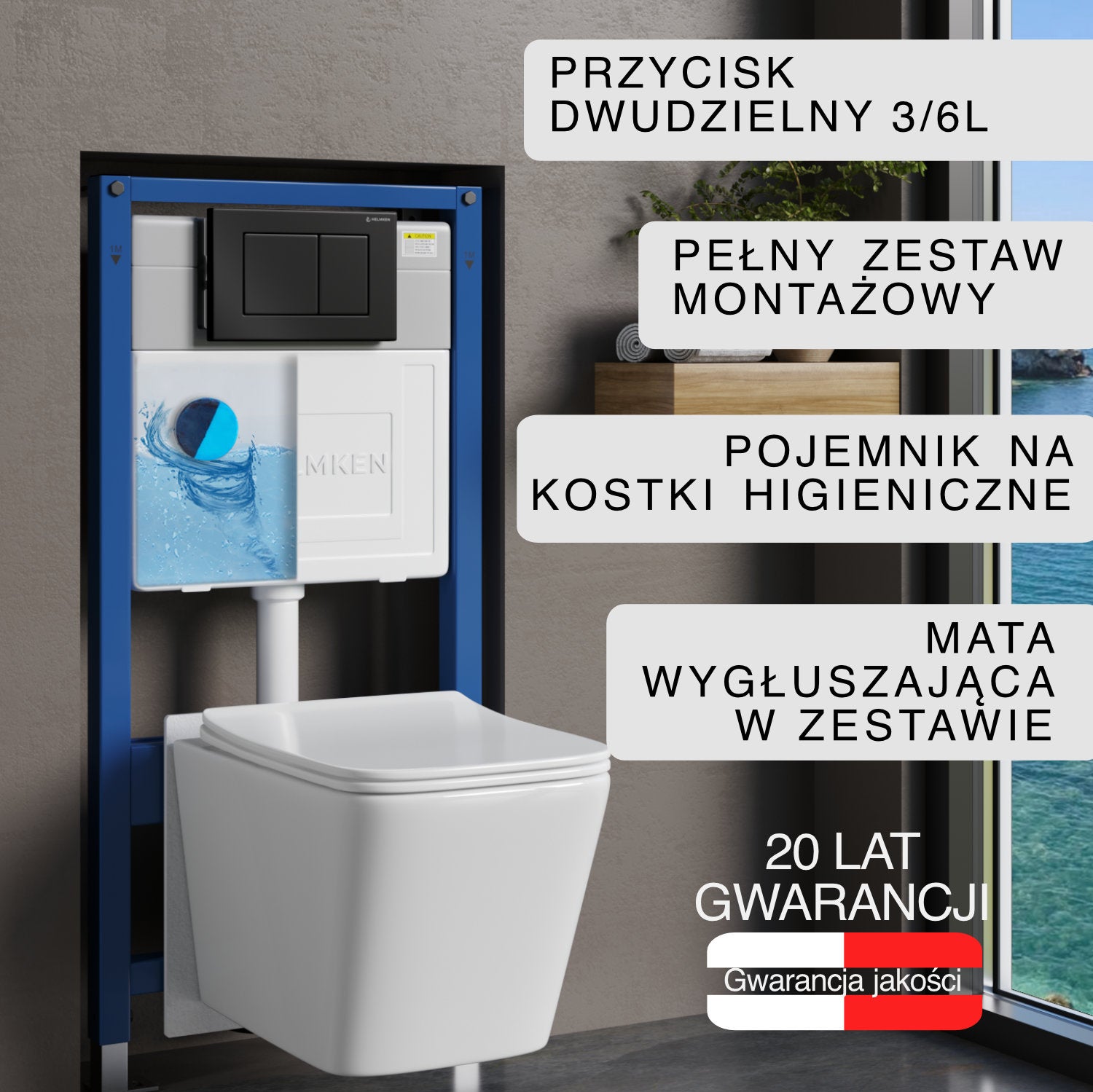 Stelaż podtynkowy WC Helmken 3512001 Zestaw 6w1: Przycisk Czarny Mat (J), Miska bezkołnierzowa Rimless, Deska wolnoopadająca, Pojemnik na kostki, Mata