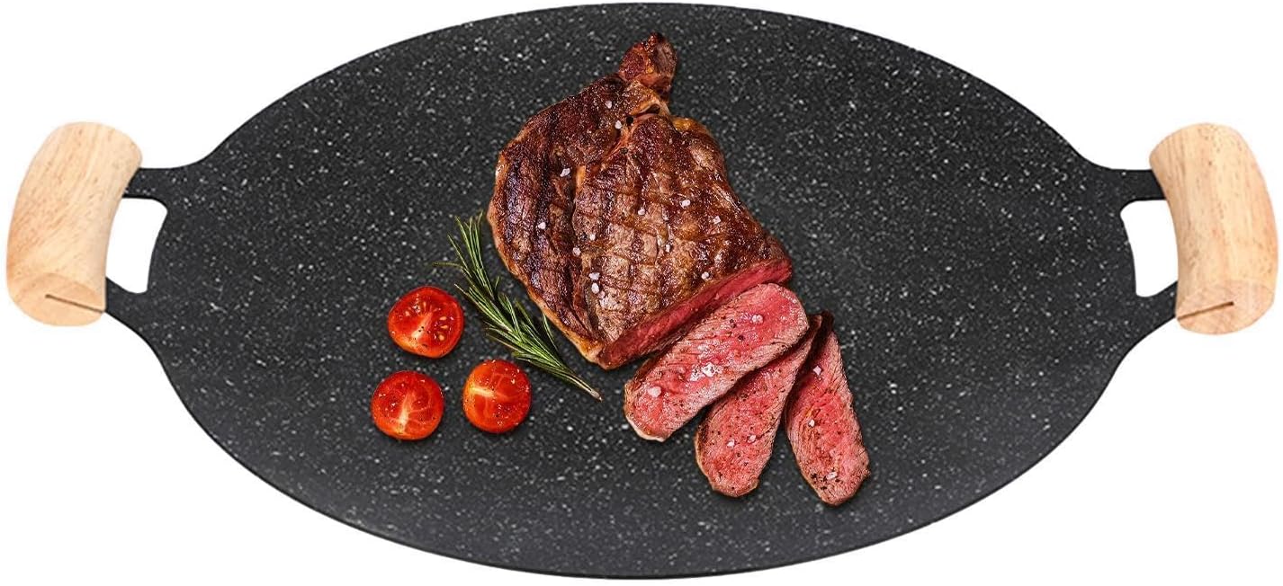 Patelnia - Patelnia żeliwna z powłoką nieprzywierającą i podwójnymi drewnianymi uchwytami | Koreańska patelnia grillowa, idealna do grillowania