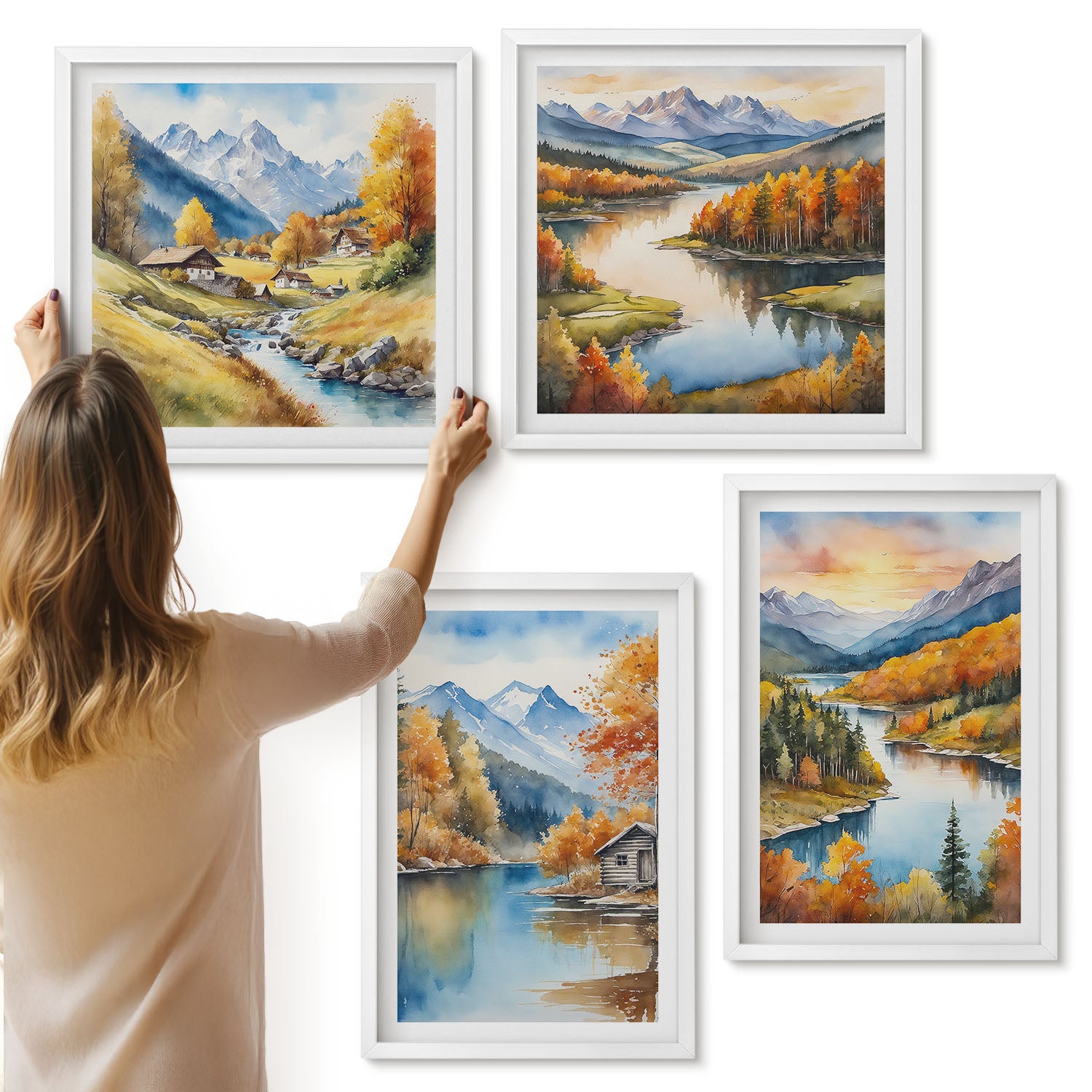 Galeria ścienna 4-częściowy komplet obrazów w białych ramach - Jesienne krajobrazy górskie z rzeką i domkiem nad wodą - ArtPrintCave