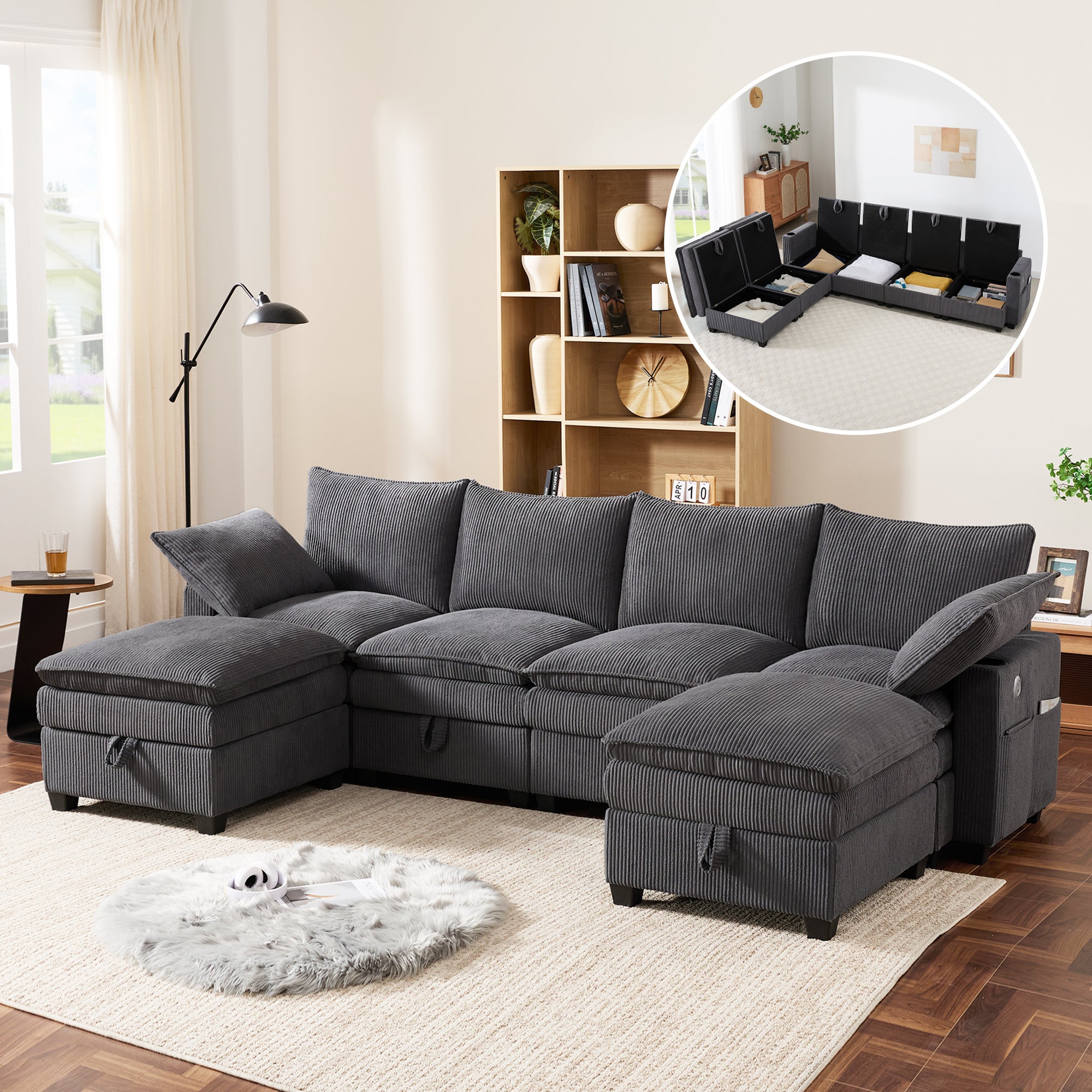 Narożnik 4-osobowy z 2 podnóżkami - 280 x 152 x 83 cm - Sztruks - Schowek i uchwyty na kubki - Szary