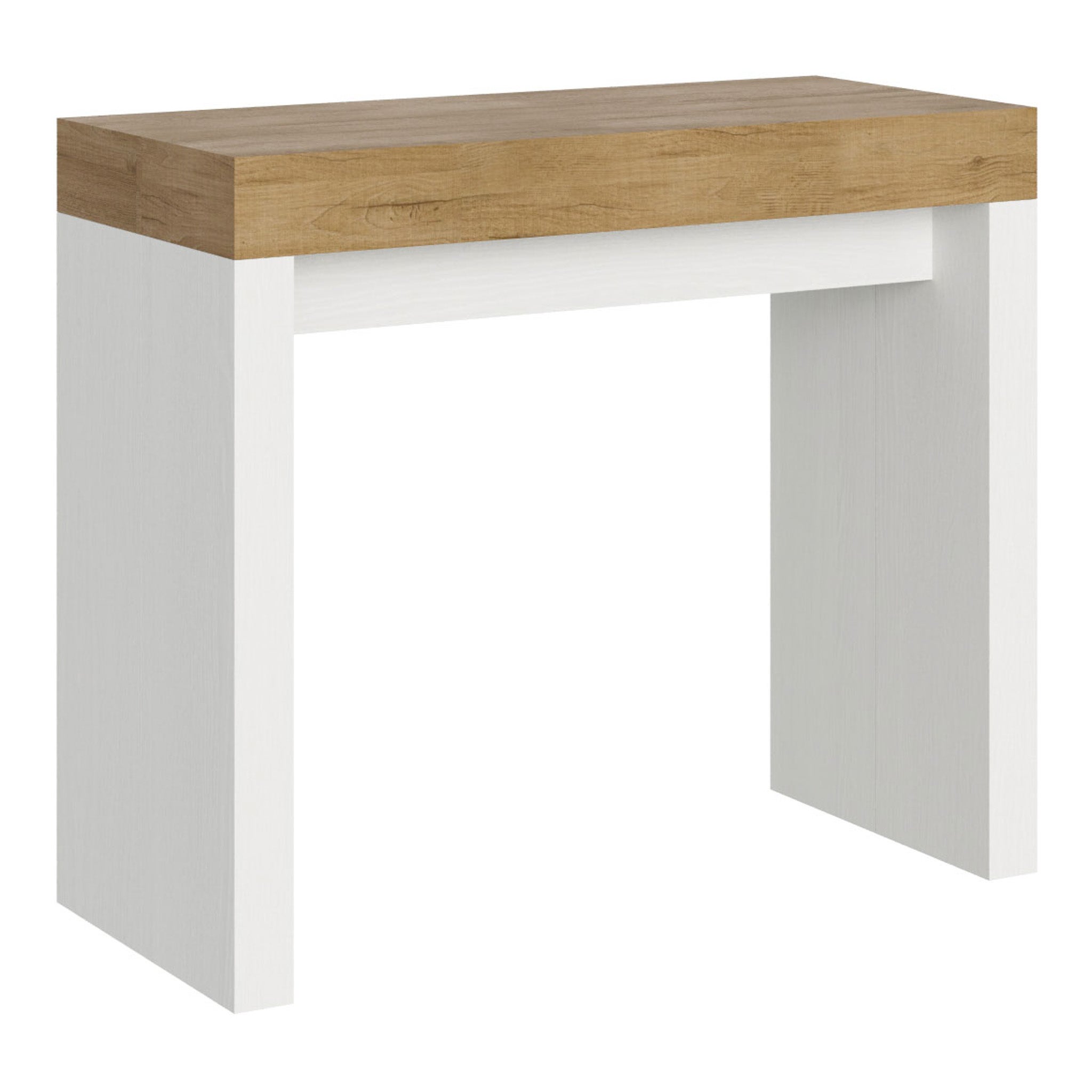 Mesa consola pequeña Roxell Mix con tablero de roble natural y estructura de fresno blanco.