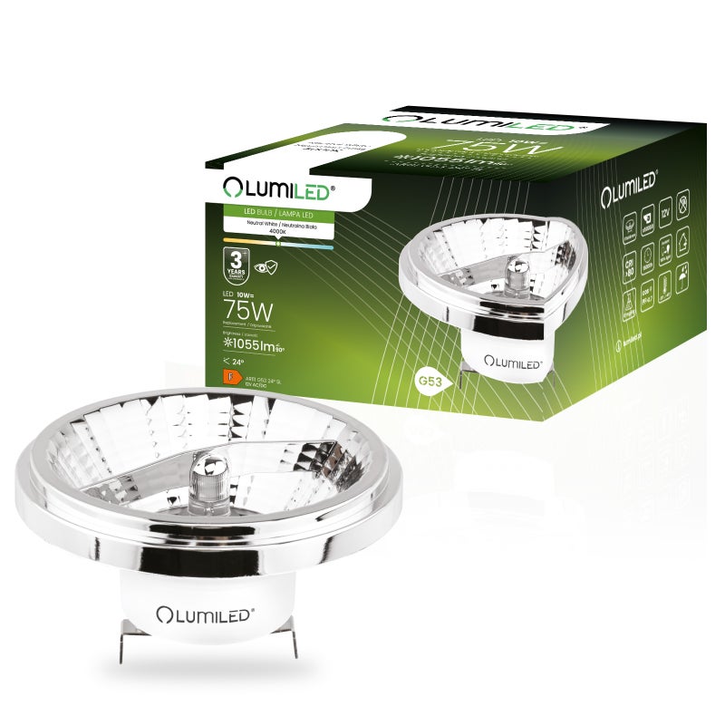 Żarówka LED Lumiled G53 Reflektor AR111 10W 1055lm 4000K Neutralna biel 24st 12V Srebrna 1 szt.