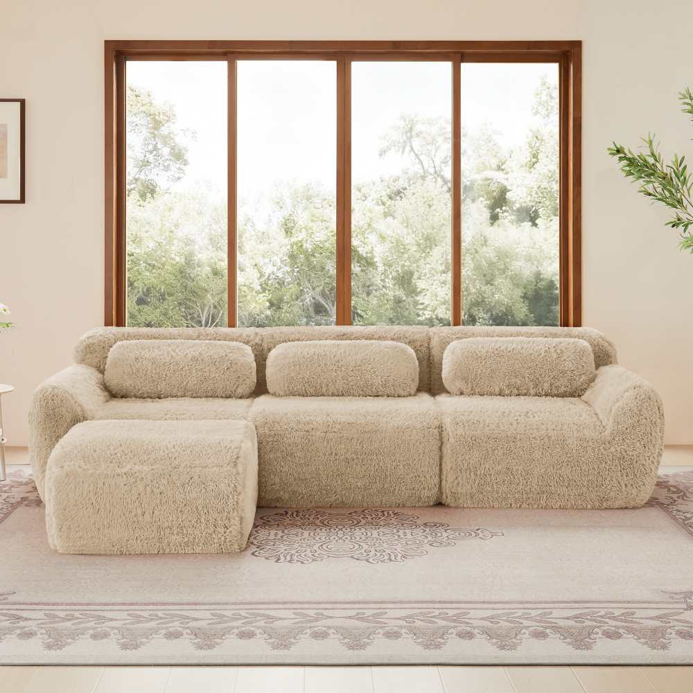 Modułowa sofa w kształcie litery L z ultramiękkiego pluszu, głęboka i bezramowa, z poduszkami, wygodna do salonu i sypialni