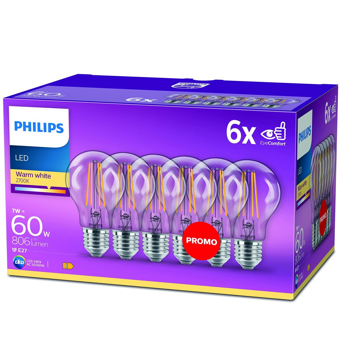 Żarówka Philips E27 60W ciepłe białe światło 2700K zestaw 6 sztuk