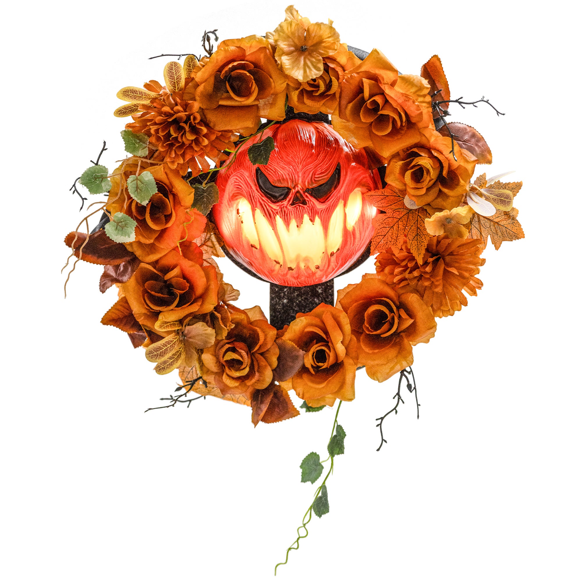 Wieniec na Halloween, upiorny wzór dyni, jesienne liście, efekty świetlne, plastik