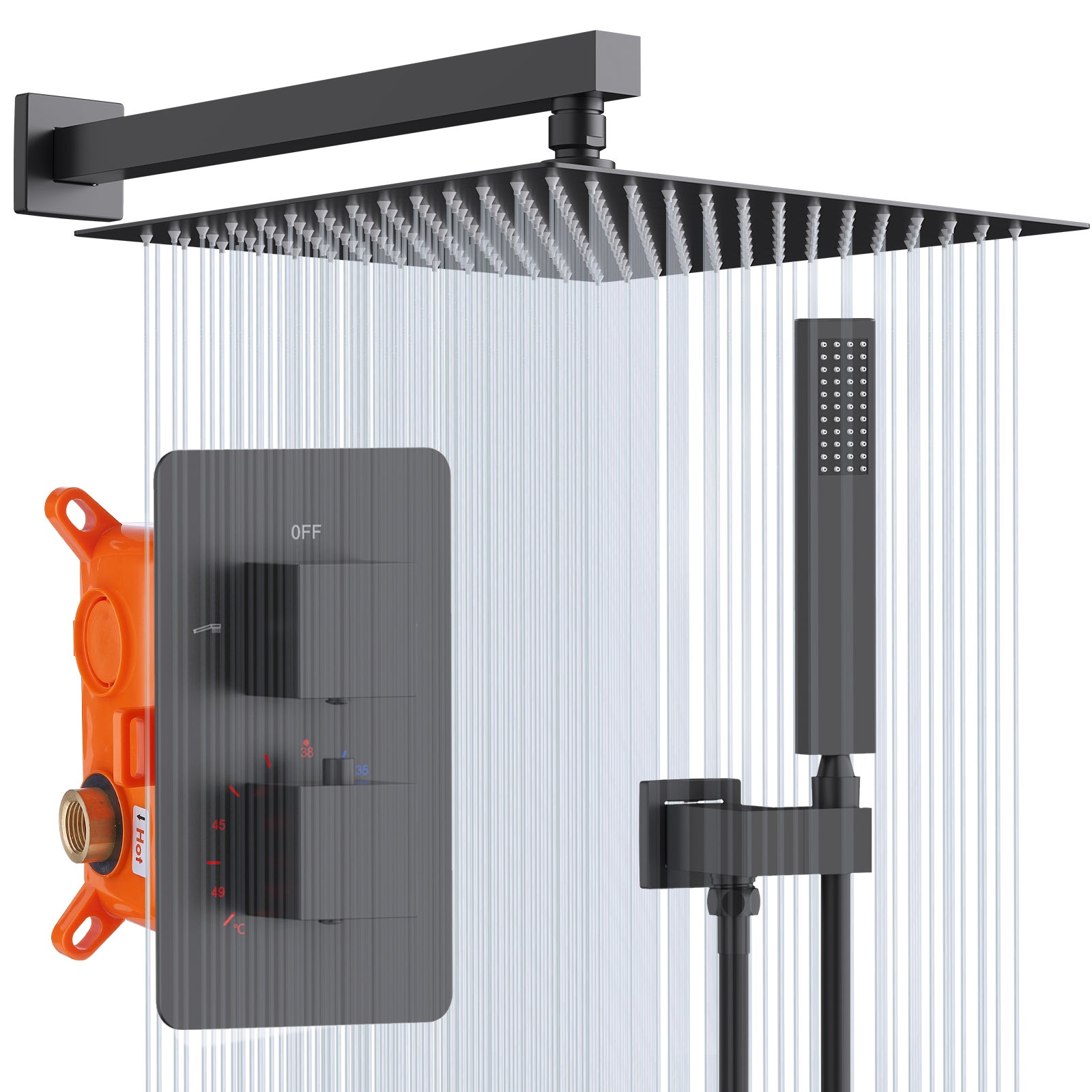 Czarna podtynkowa kolumna prysznicowa Mosiężny system prysznicowy z termostatem i kwadratową głowicą prysznicową 30*30CM HOMELODY