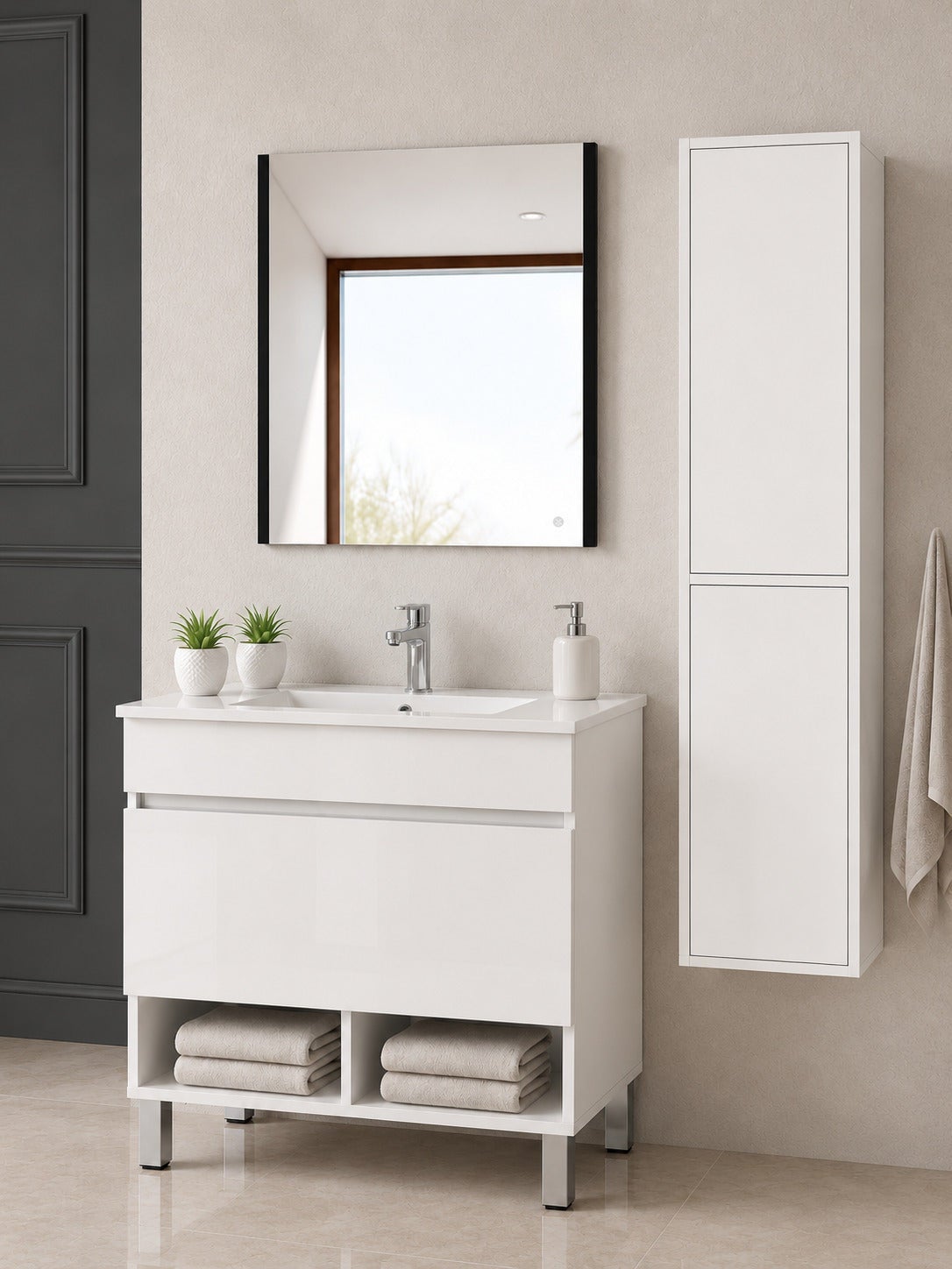 Szafka łazienkowa na nóżkach z umywalką ORIGENBATH NEBARI na nóżkach z szufladą z kolumną 60x35 cm biały z kolumną