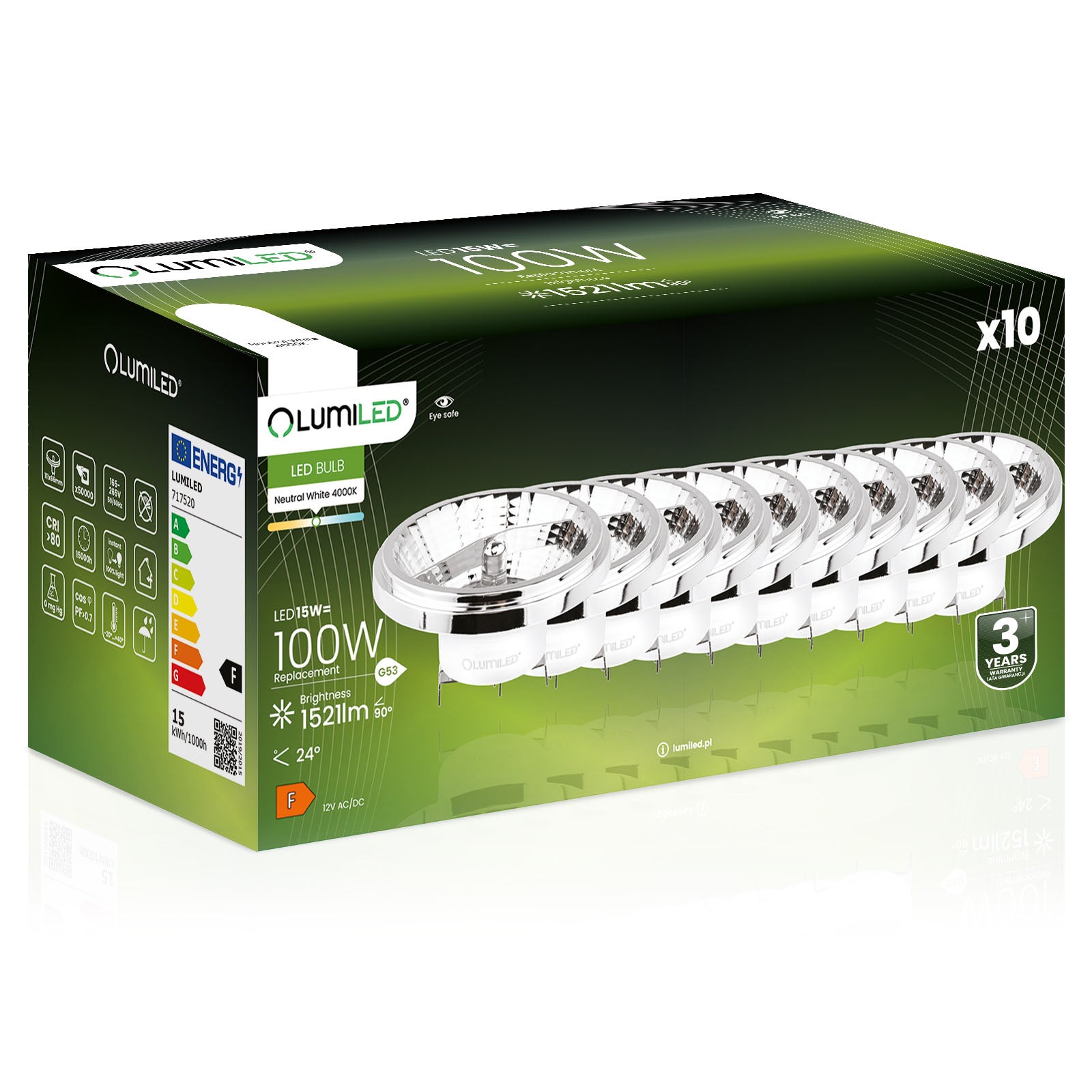 10x Żarówka Lumiled LED G53 Reflektor AR111 15W = 100W 1521lm 4000K Neutralna 24st 12V Srebrna