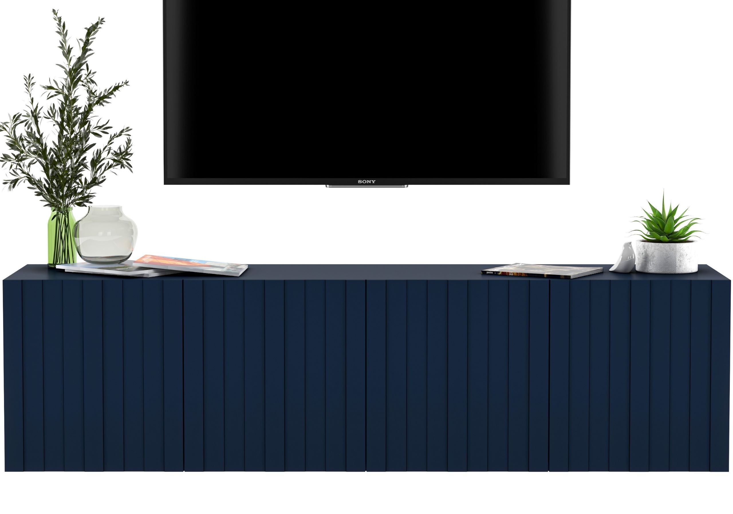 Wisząca szafka RTV Glamour 150 cm granatowy mat, komoda pod telewizor do salonu