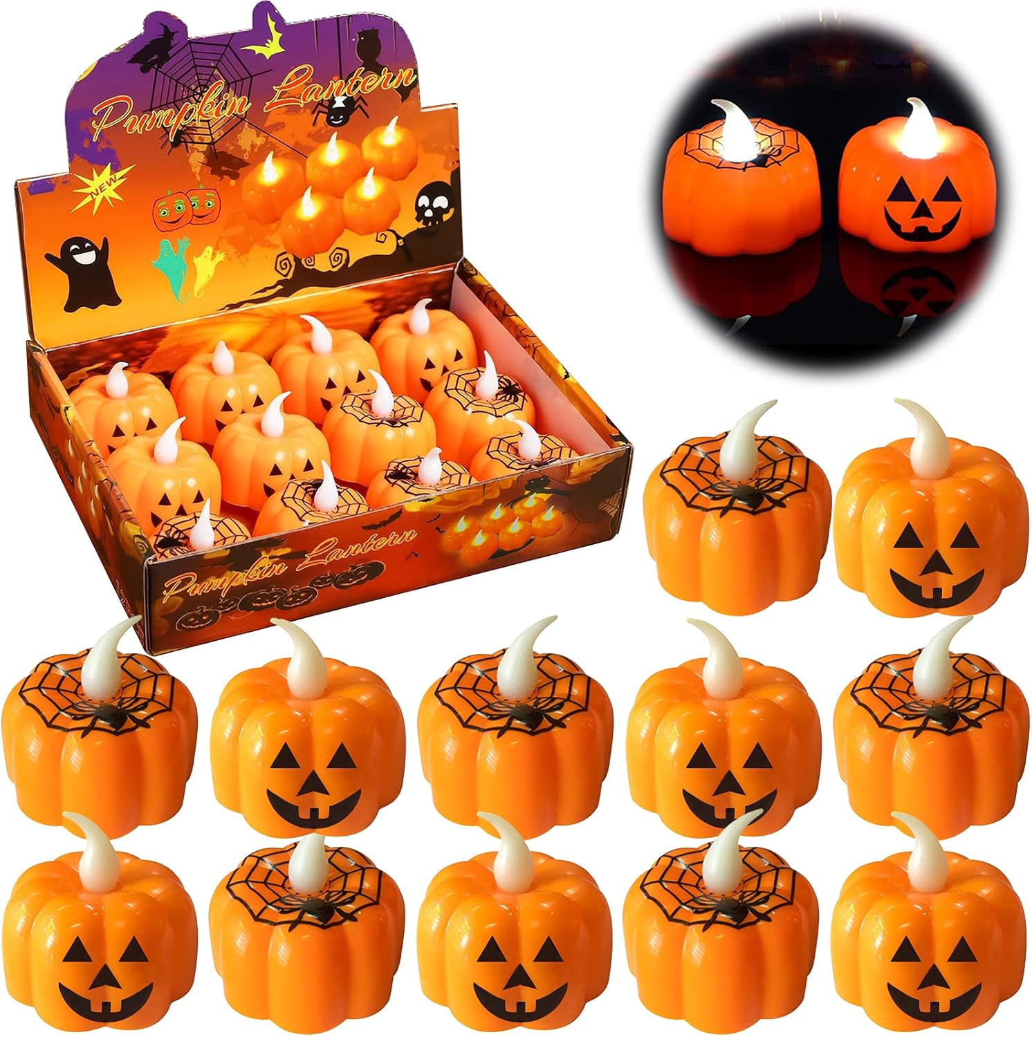 Podgrzewacze w kształcie dyni zasilane bateriami, 12-częściowy zestaw świeczek w kształcie dyni na Halloween, świece w kształcie dyni z podświetleniem