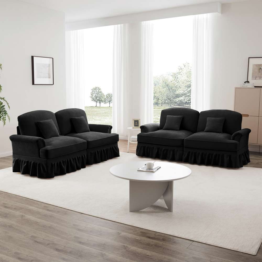 Sofa L 2-osobowa z tkaniny szenilowej, podłokietnikami na trójnogach, zdejmowanym obiciem i pufem