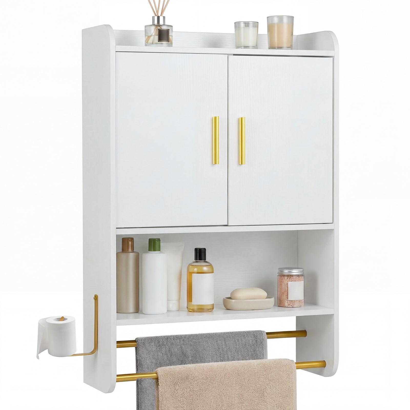 Szafka łazienkowa z 2 drzwiczkami, regulowanymi i wyjmowanymi półkami, otwartą komorą, 2 wieszakami na ręczniki, 55 x 20 x 80 cm, biała