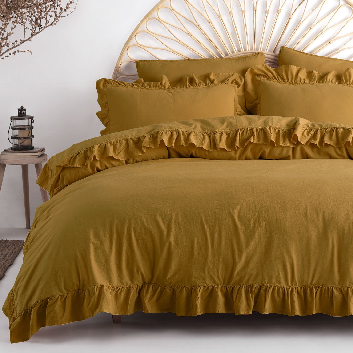 Pościel bawełniana z falbanką 220x200 Stonewashed Exclusive, Ecru Olive, zielona - Limasso