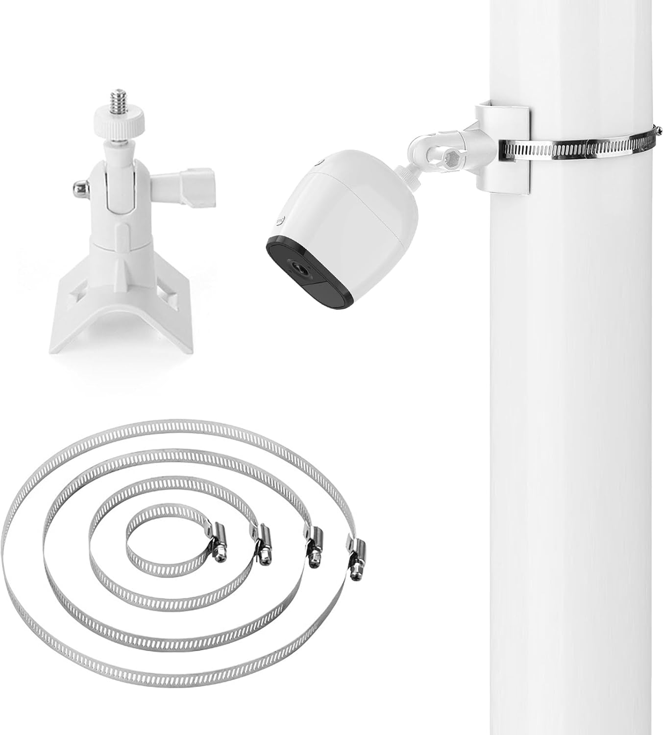 (Biały) Obrotowy w zakresie 360° uchwyt masztowy do kamer bezpieczeństwa Eufycam/Arlo/Wyze, z 4 regulowanymi klipsami, do montażu na ścianie wewnątrz