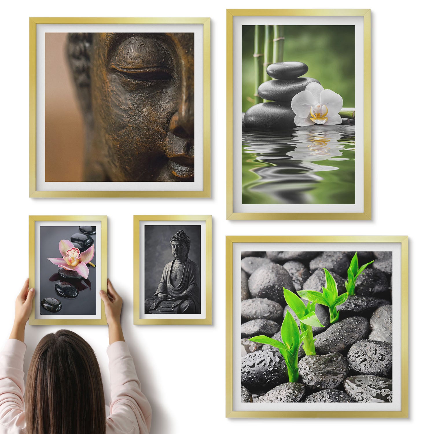 Galeria ścienna 5-częściowy komplet obrazów w złotych ramach - Relaksująca atmosfera zen z kamieniami i kwiatami - ArtPrintCave
