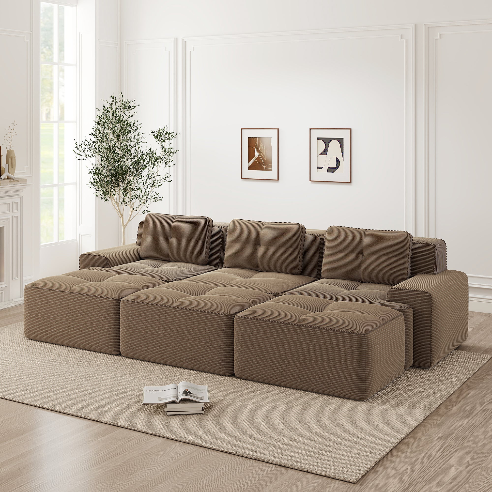 Sofy bezramowe, miękki sztruks, modułowa narożnik z funkcją spania i 3 stołkami, sofy 3-osobowe, wygodna sofa do salonu, brązowy, brązowy, sztruks