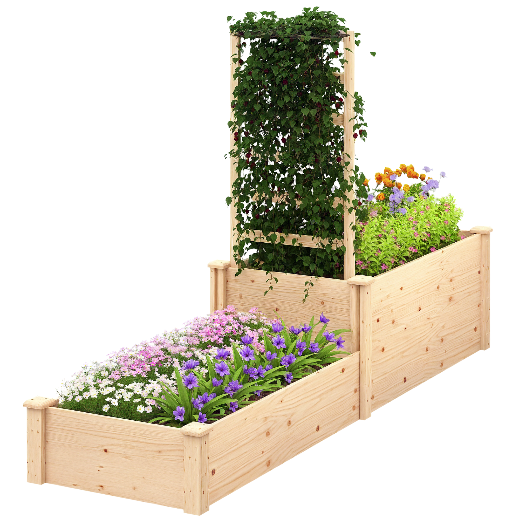 Exterior podwyższona grządka z Siatka, Otwarty Dół i 2 Dividers, Donica z kratka do Pnący Rośliny w Fir Drewno, 222 x 63x132 cm, kolor drewna